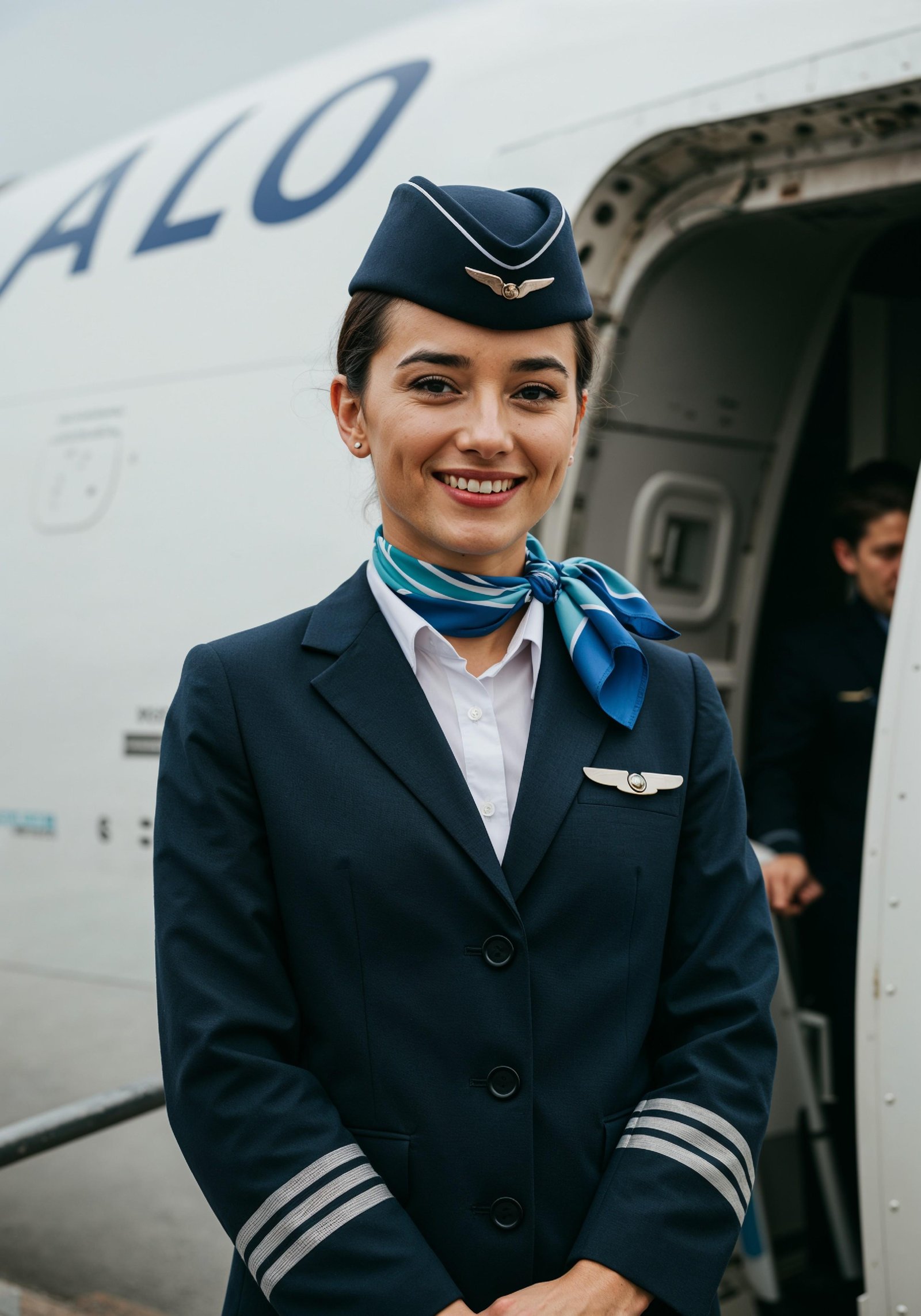 Professional Female Flight Attendant in Airline Uniform at Airport and Aircraft