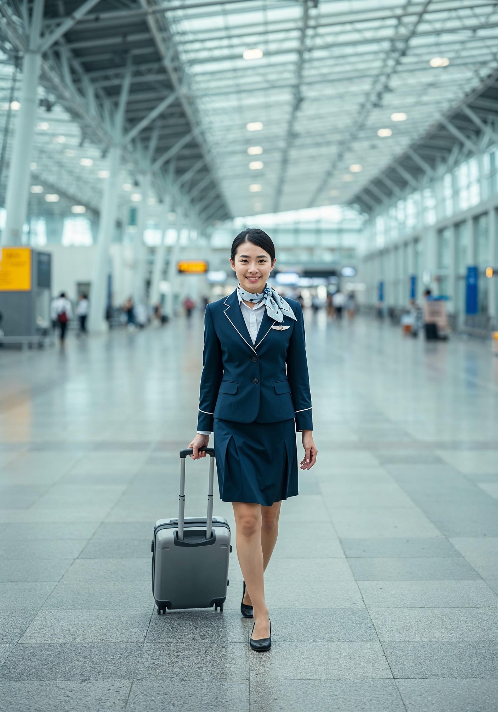 Professional Female Flight Attendant in Airline Uniform at Airport and Aircraft