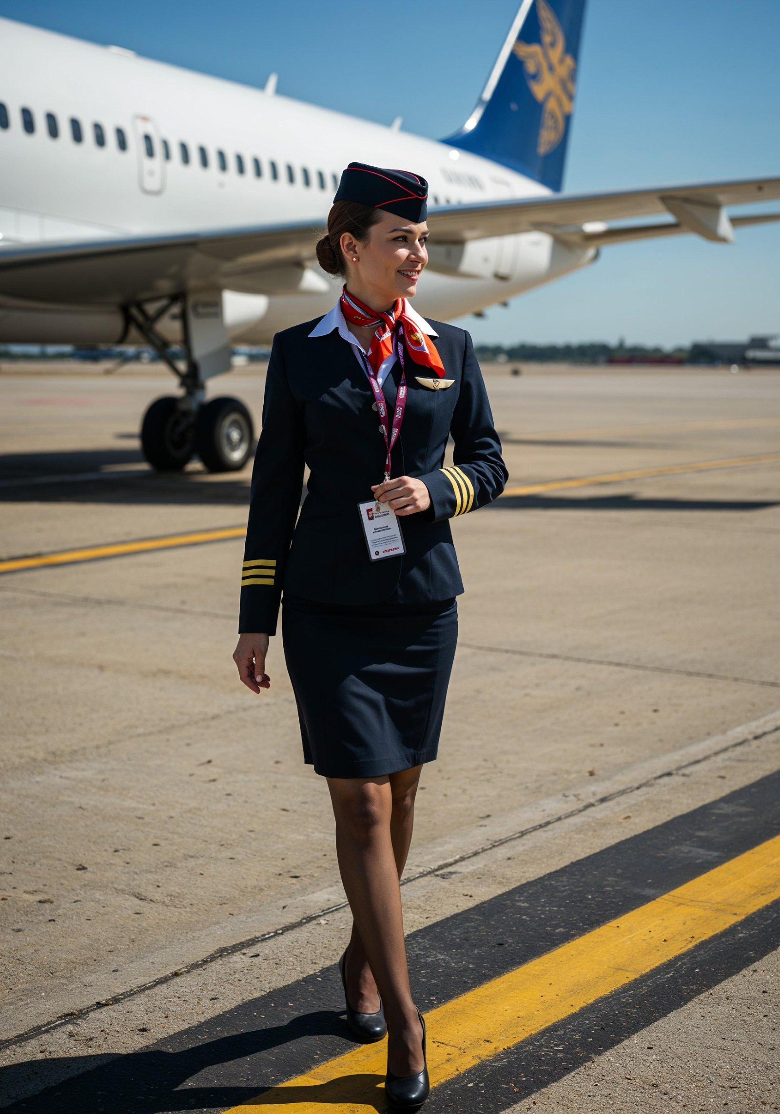 Professional Female Flight Attendant in Airline Uniform at Airport and Aircraft