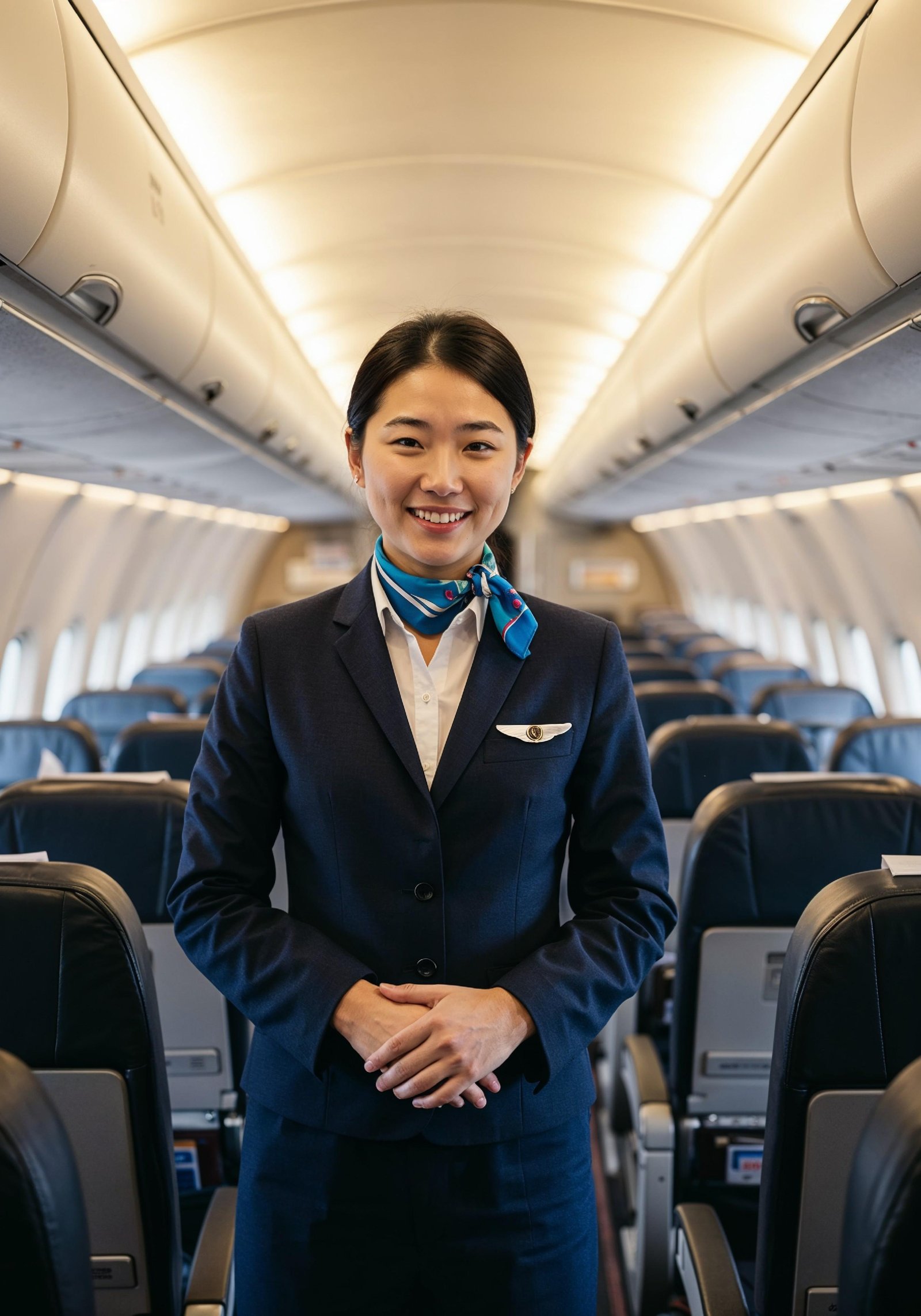 Professional Female Flight Attendant in Airline Uniform at Airport and Aircraft