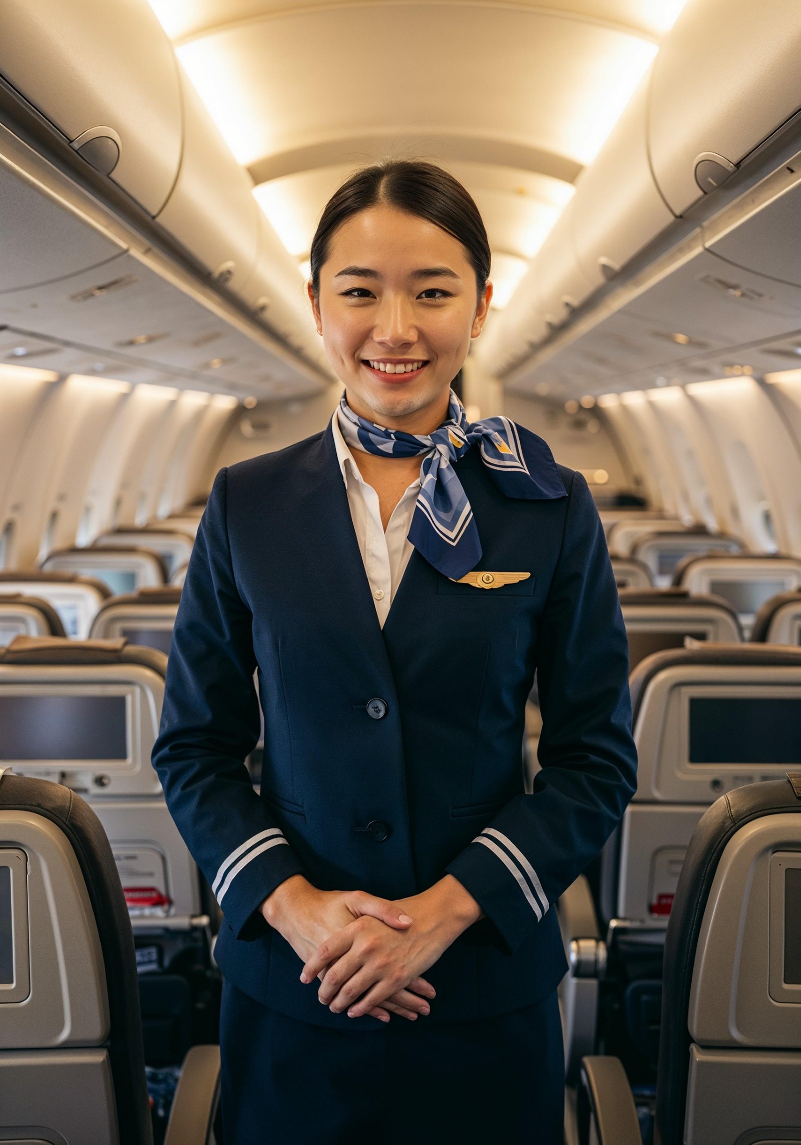 Professional Female Flight Attendant in Airline Uniform at Airport and Aircraft