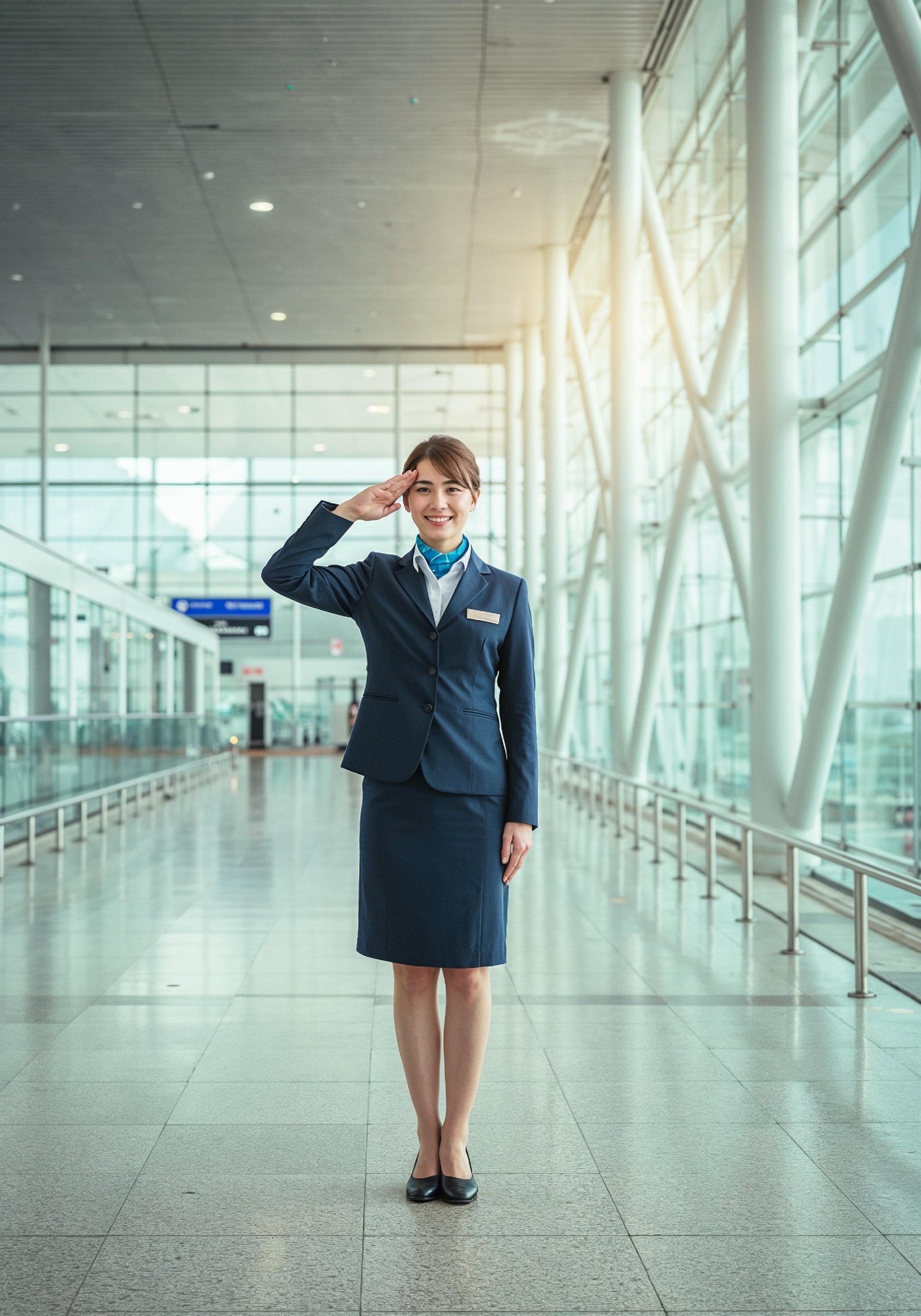 Professional Female Flight Attendant in Airline Uniform at Airport and Aircraft
