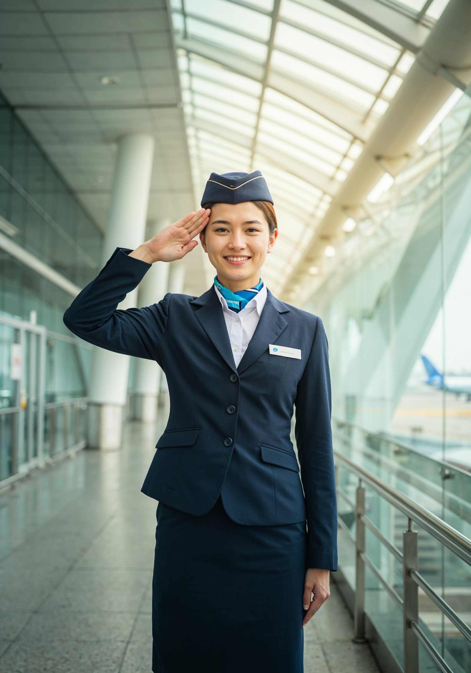 Professional Female Flight Attendant in Airline Uniform at Airport and Aircraft