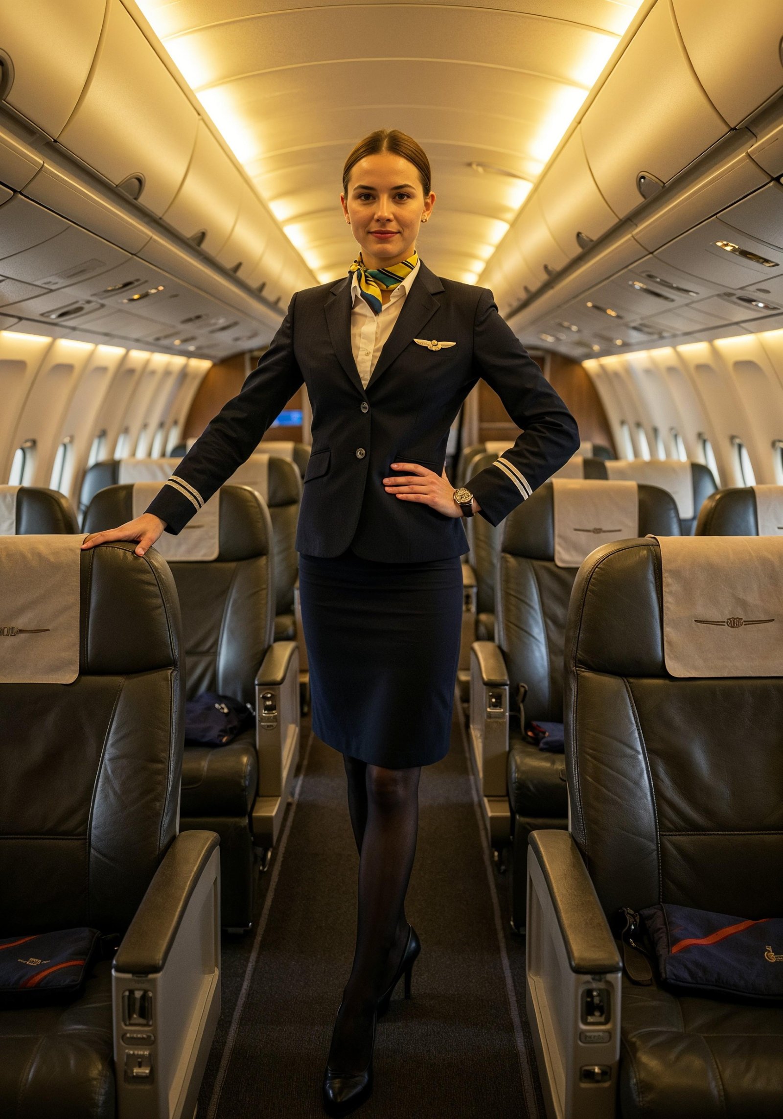 Professional Female Flight Attendant in Airline Uniform at Airport and Aircraft
