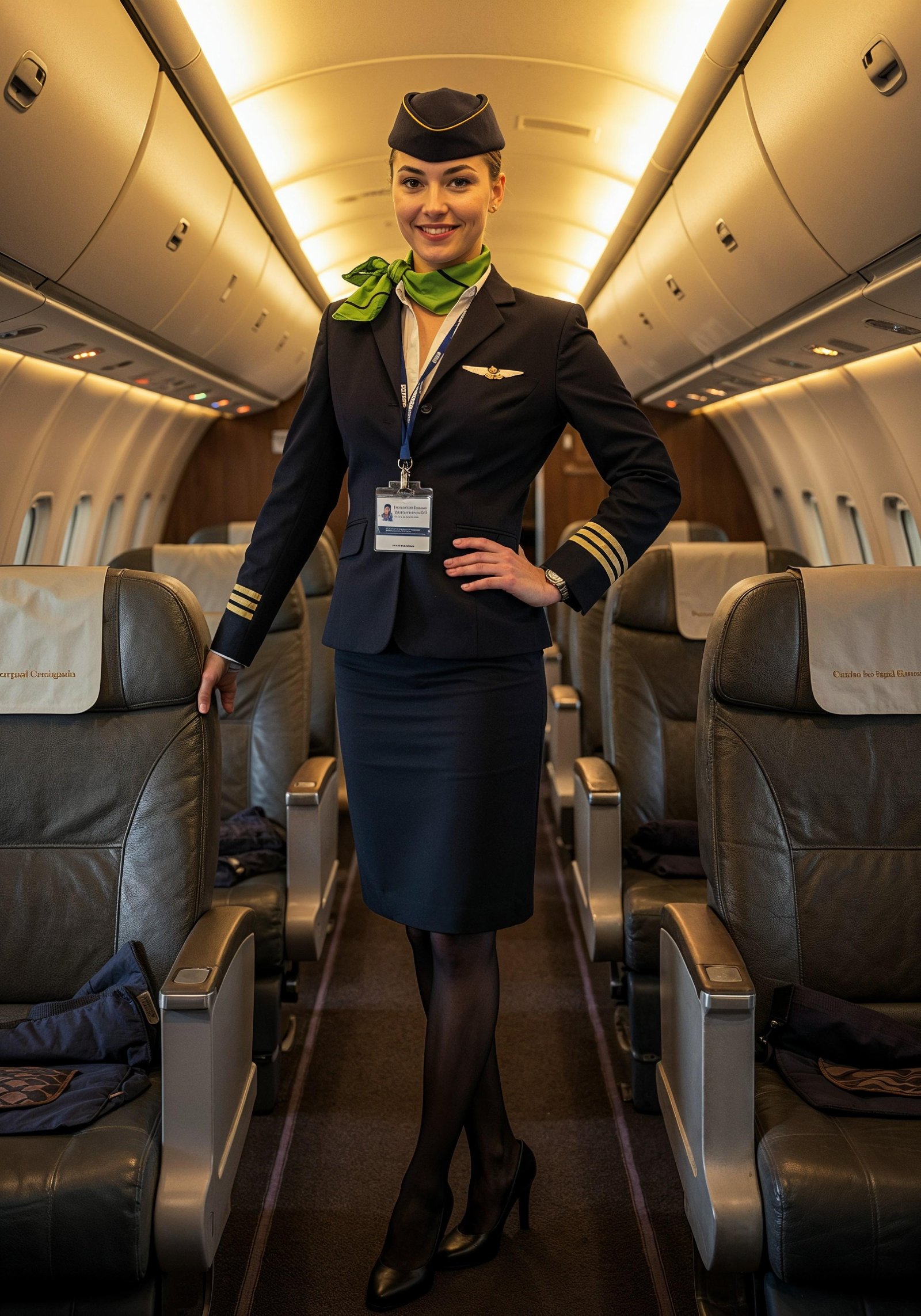 Professional Female Flight Attendant in Airline Uniform at Airport and Aircraft