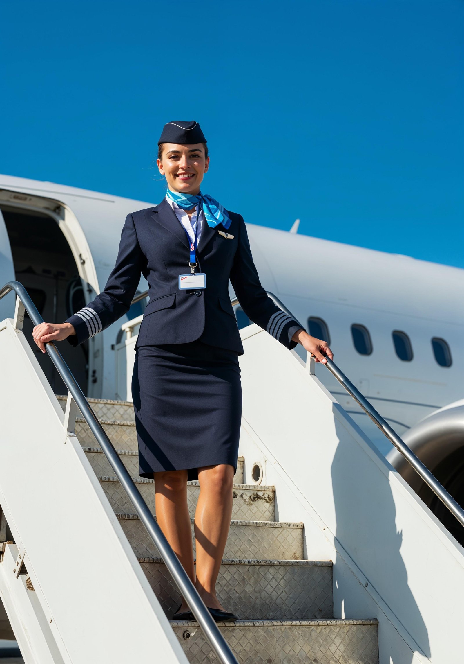 Professional Female Flight Attendant in Airline Uniform at Airport and Aircraft