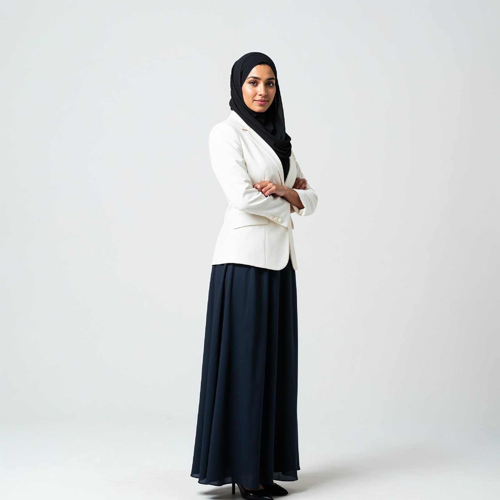 Professional Muslim Business Woman Wearing Hijab and Formal Suit in Studio Portrait