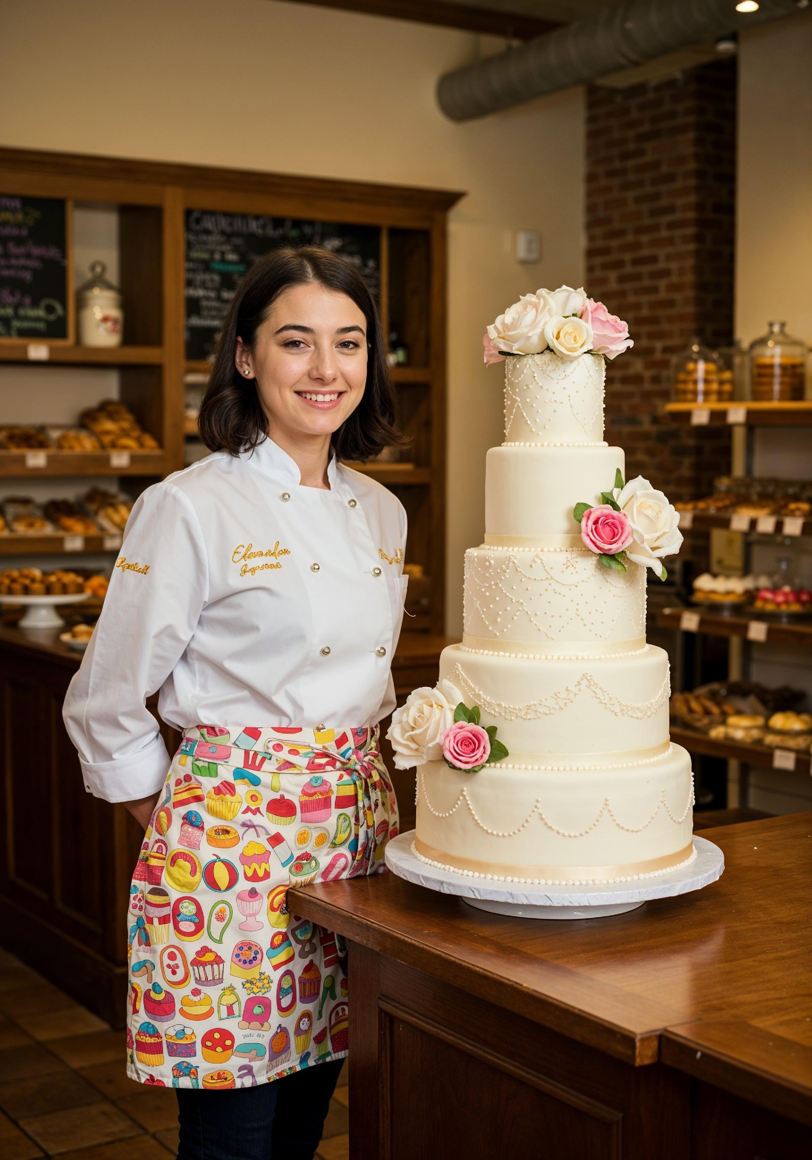 Professional Young Female Chef in Uniform Holding Gourmet Dish in Restaurant Kitchen
