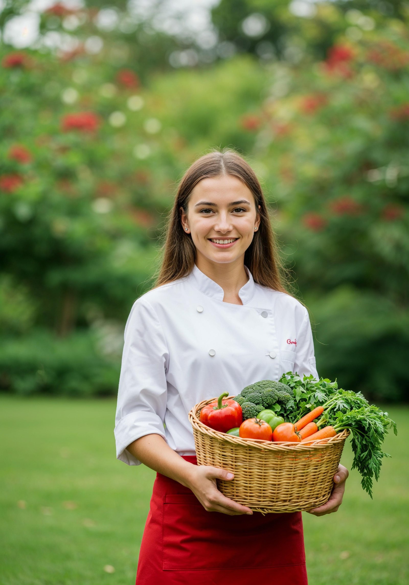 Professional Young Female Chef in Uniform Holding Gourmet Dish in Restaurant Kitchen