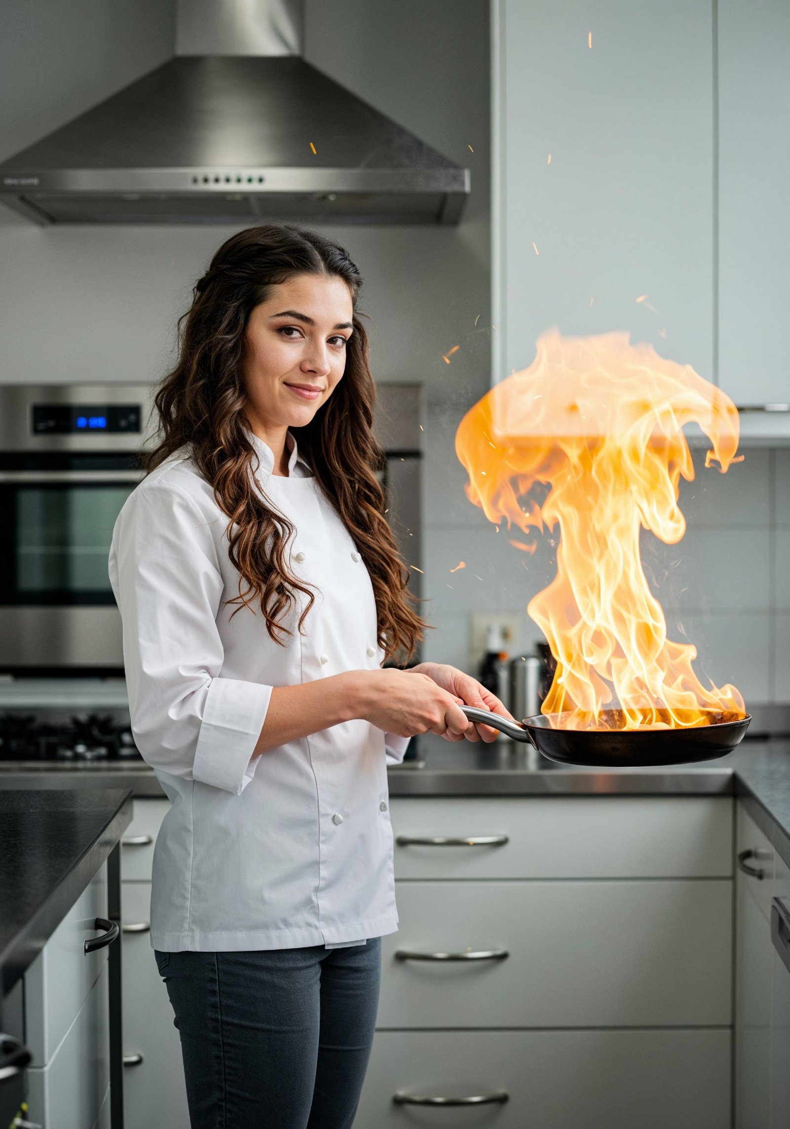 Professional Young Female Chef in Uniform Holding Gourmet Dish in Restaurant Kitchen