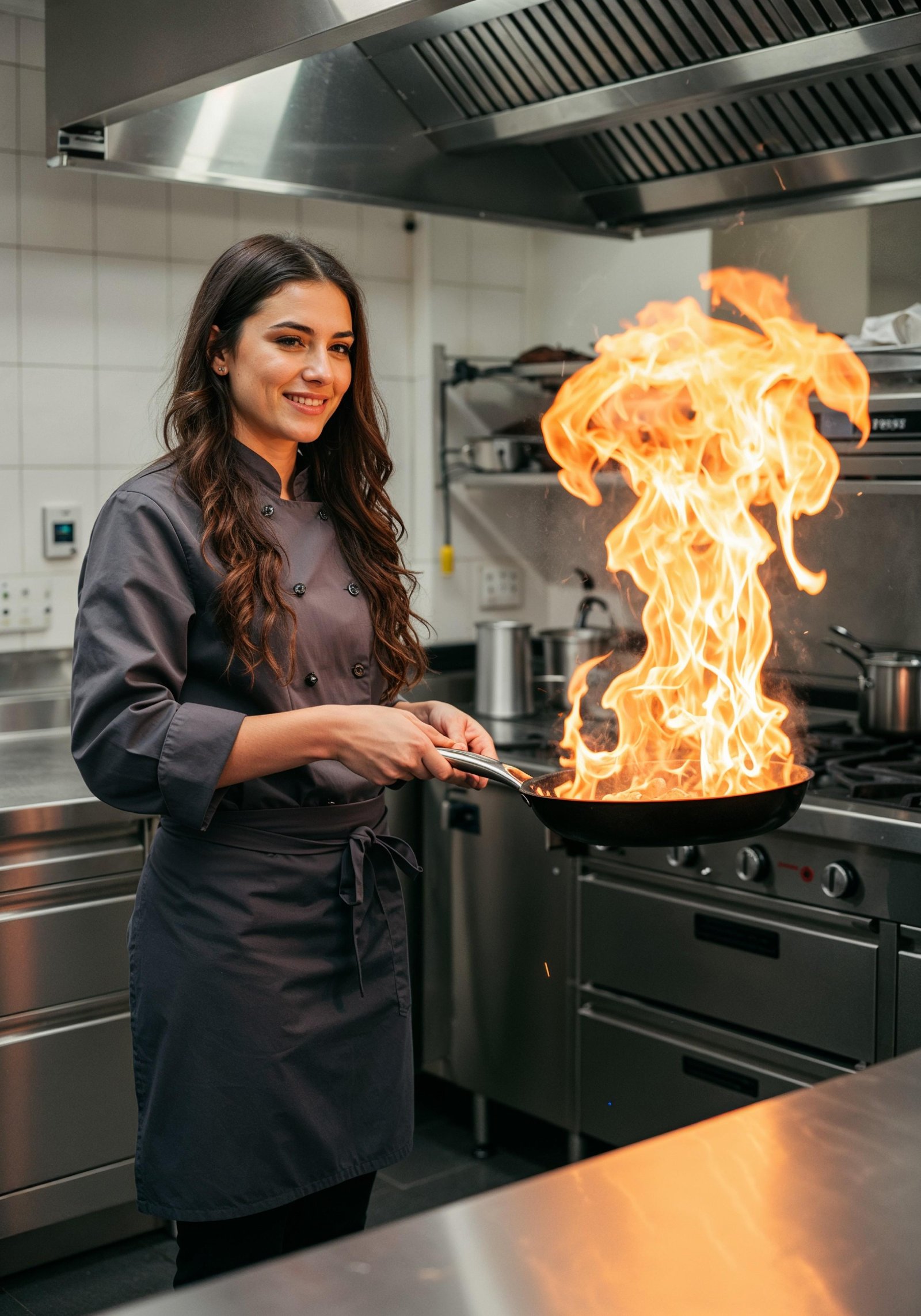 Professional Young Female Chef in Uniform Holding Gourmet Dish in Restaurant Kitchen