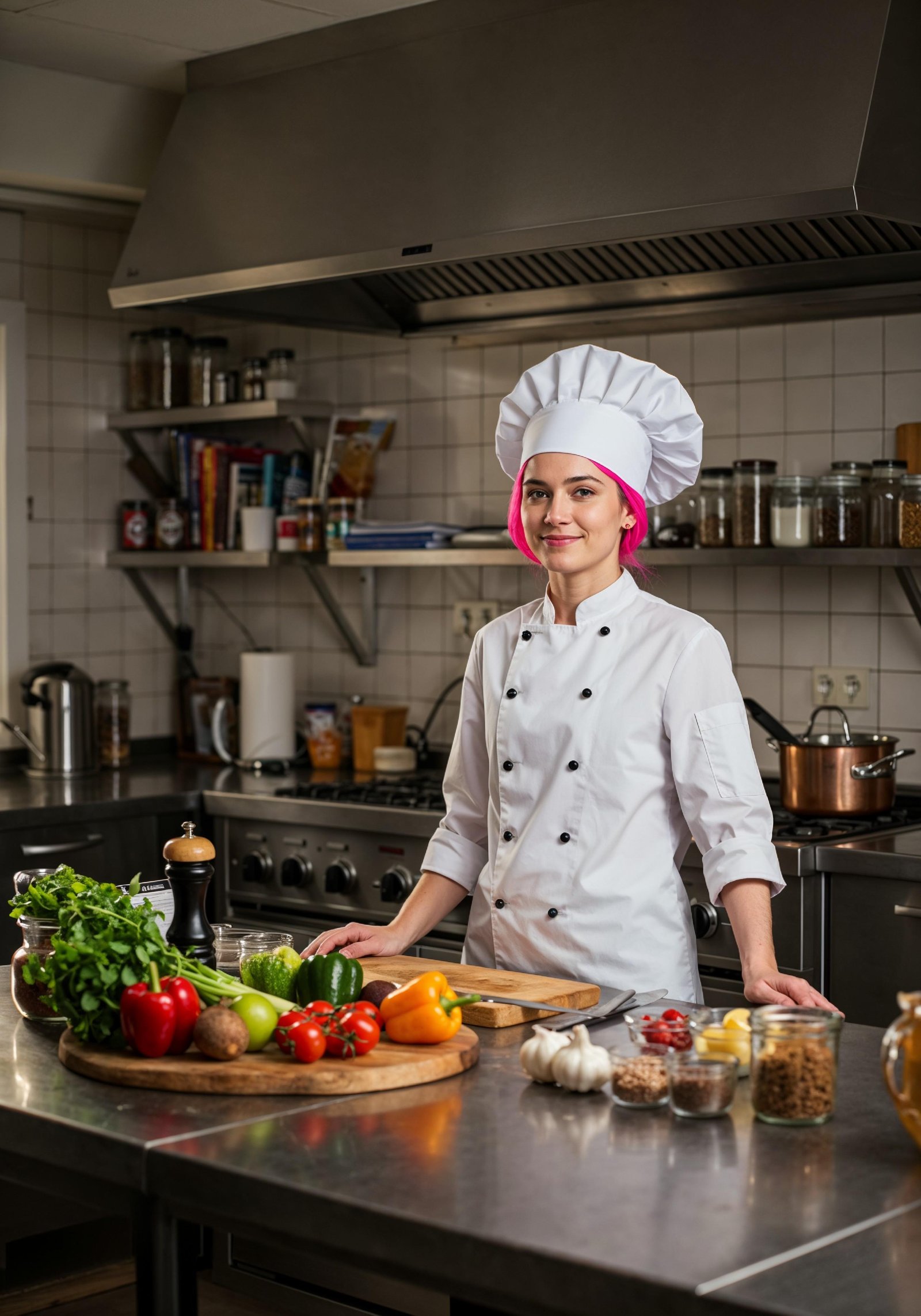 Professional Young Female Chef in Uniform Holding Gourmet Dish in Restaurant Kitchen