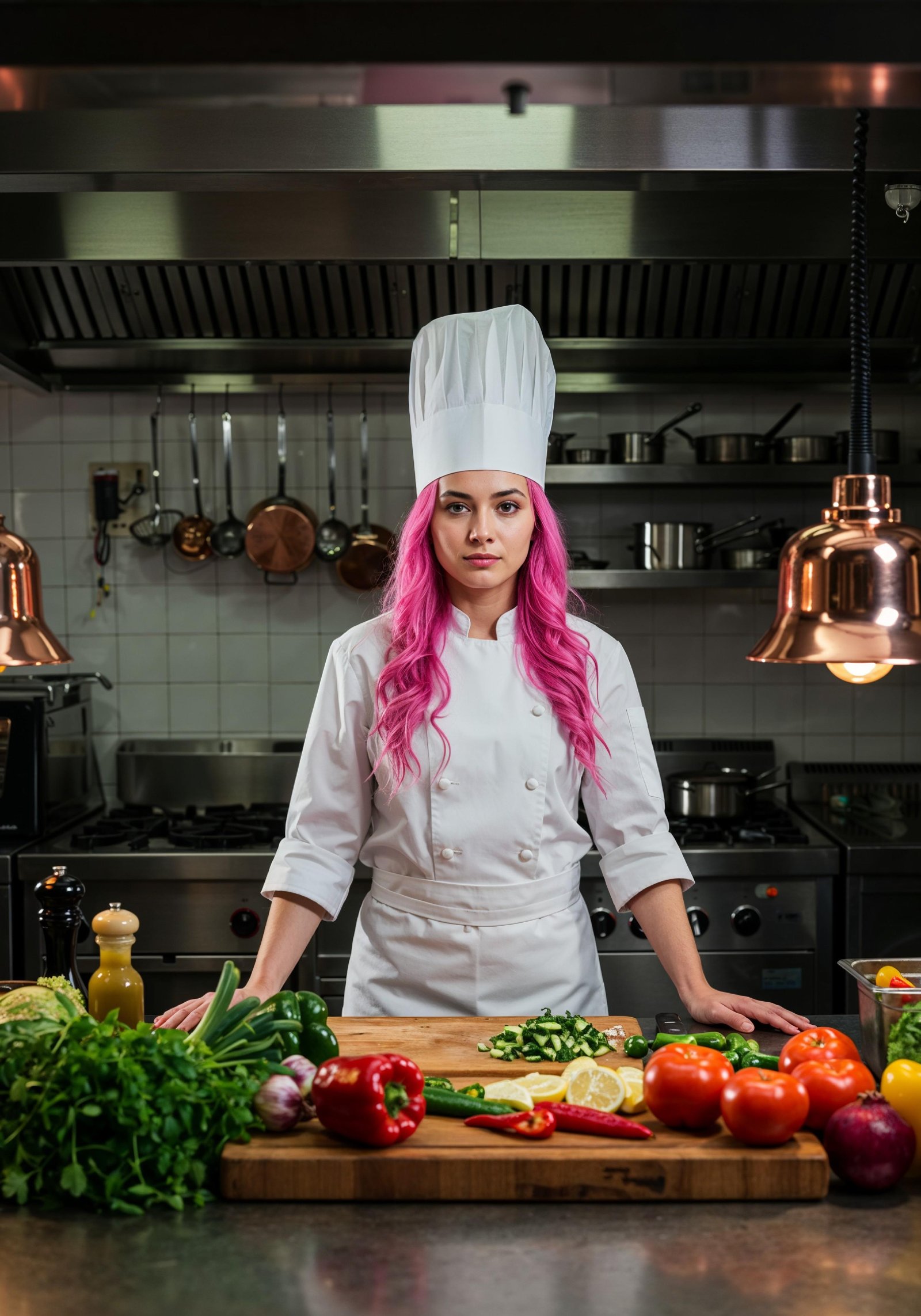 Professional Young Female Chef in Uniform Holding Gourmet Dish in Restaurant Kitchen