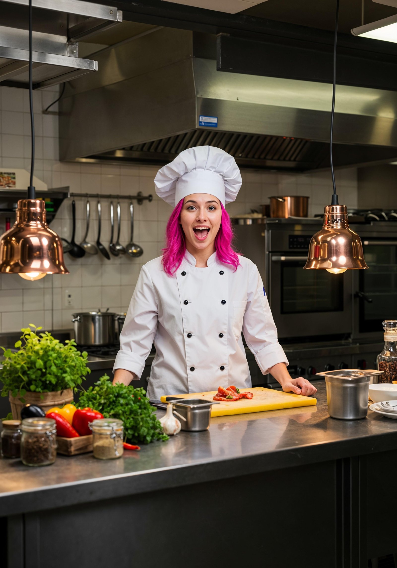 Professional Young Female Chef in Uniform Holding Gourmet Dish in Restaurant Kitchen