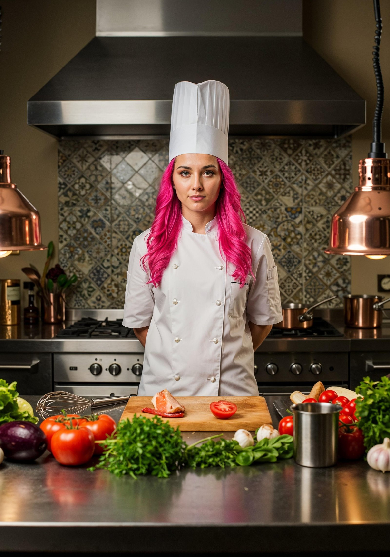 Professional Young Female Chef in Uniform Holding Gourmet Dish in Restaurant Kitchen