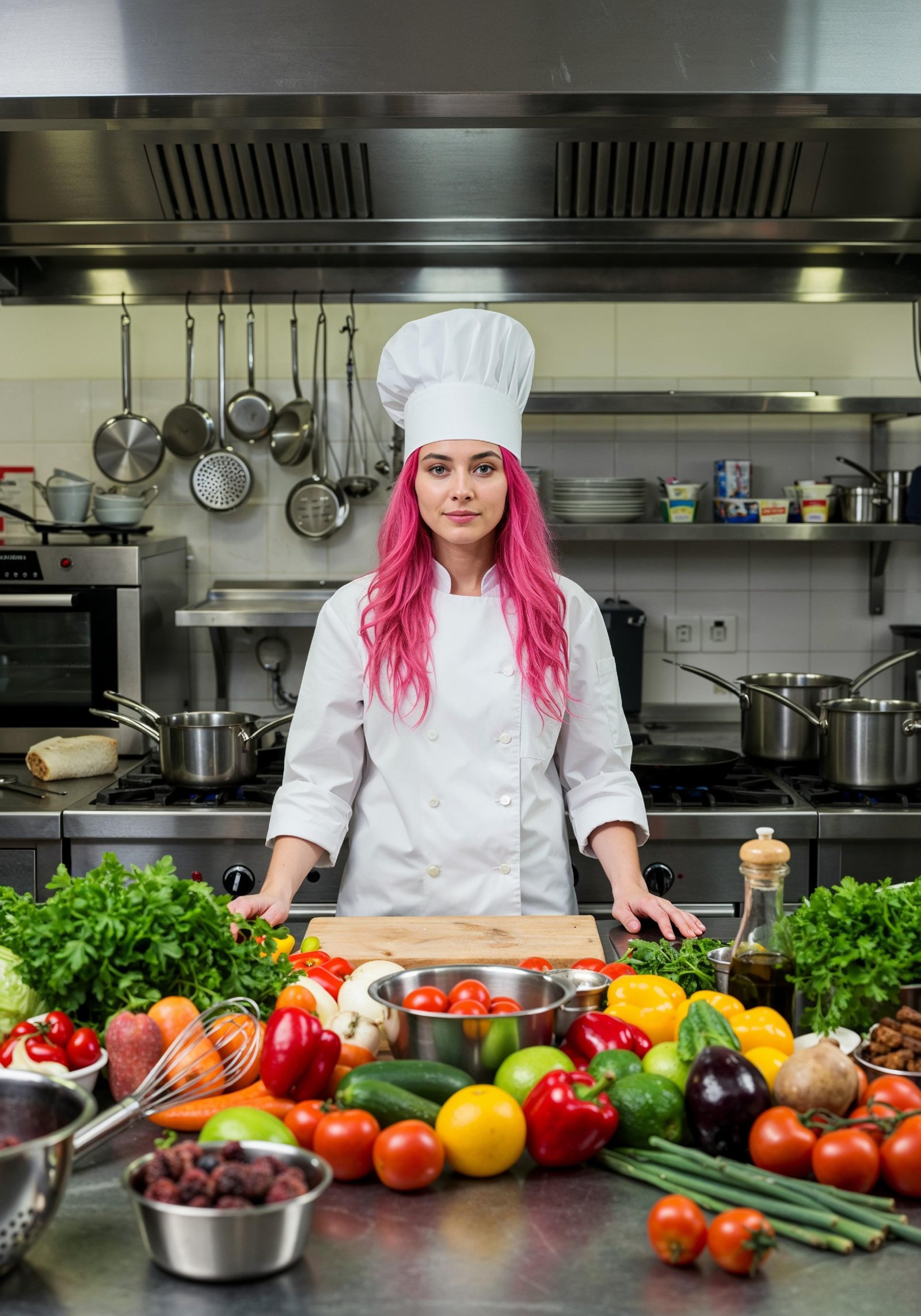 Professional Young Female Chef in Uniform Holding Gourmet Dish in Restaurant Kitchen