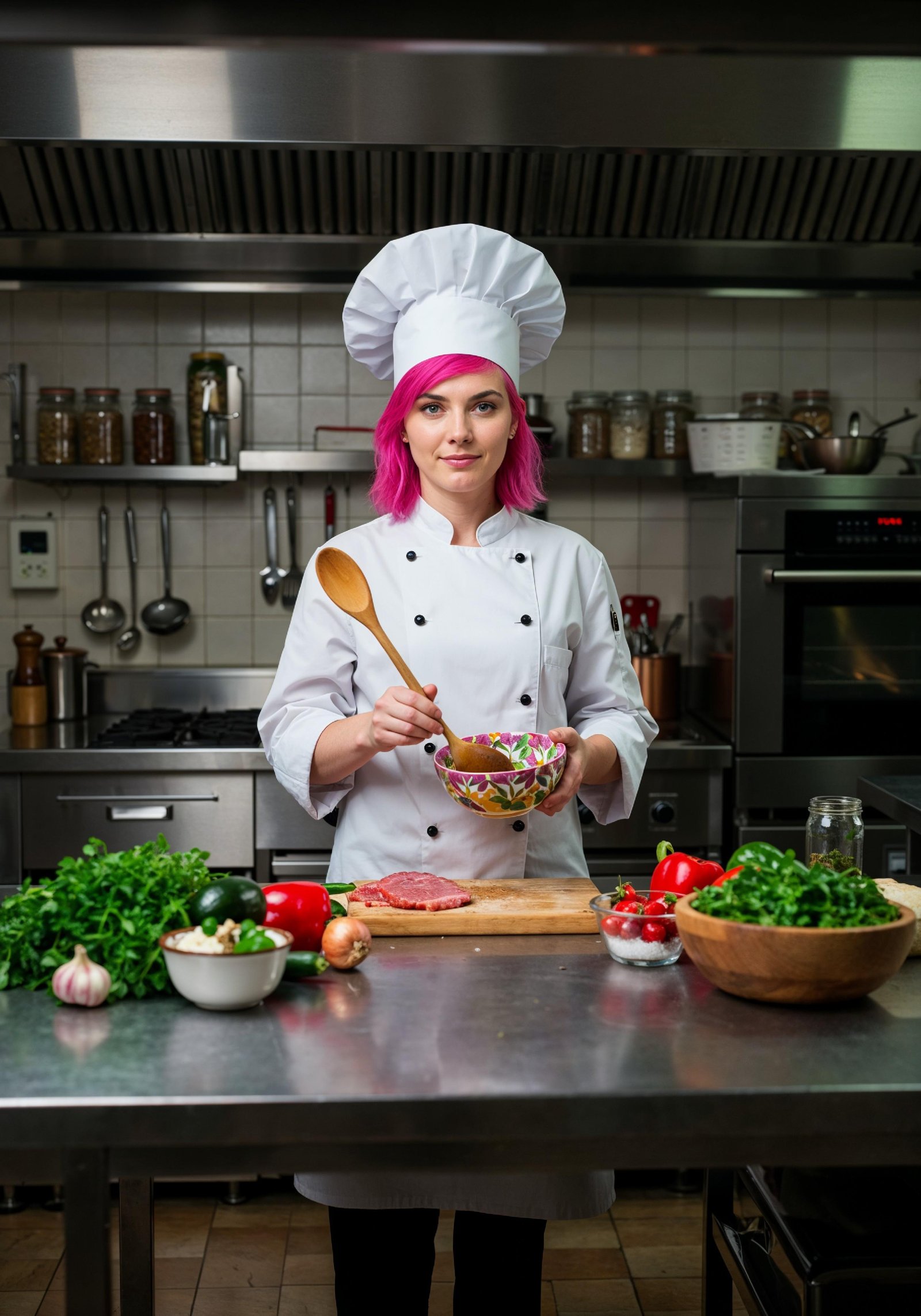 Professional Young Female Chef in Uniform Holding Gourmet Dish in Restaurant Kitchen