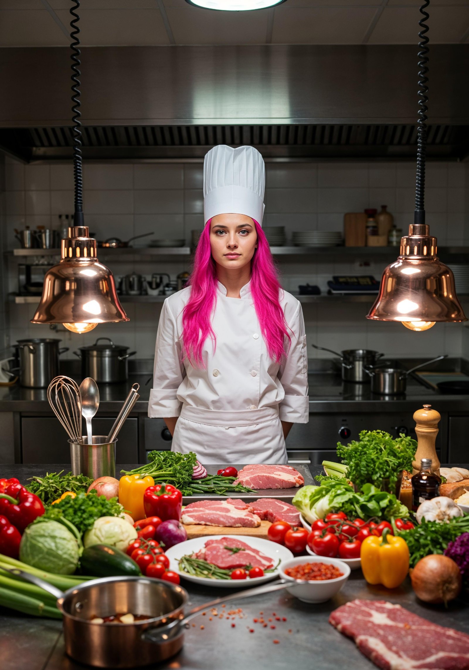 Professional Young Female Chef in Uniform Holding Gourmet Dish in Restaurant Kitchen