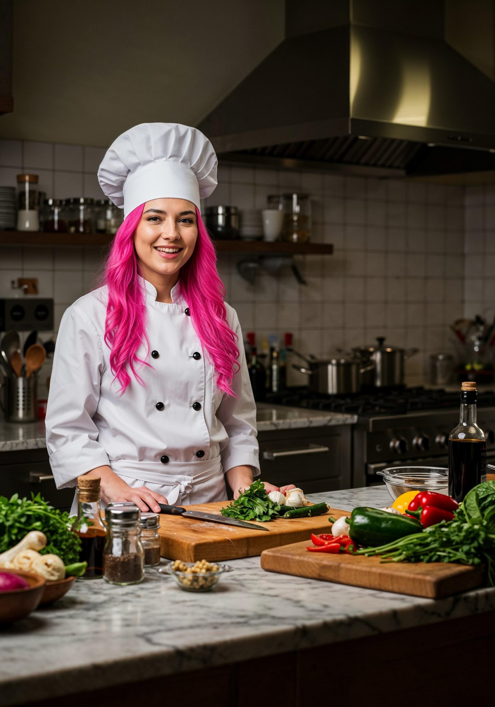 Professional Young Female Chef in Uniform Holding Gourmet Dish in Restaurant Kitchen