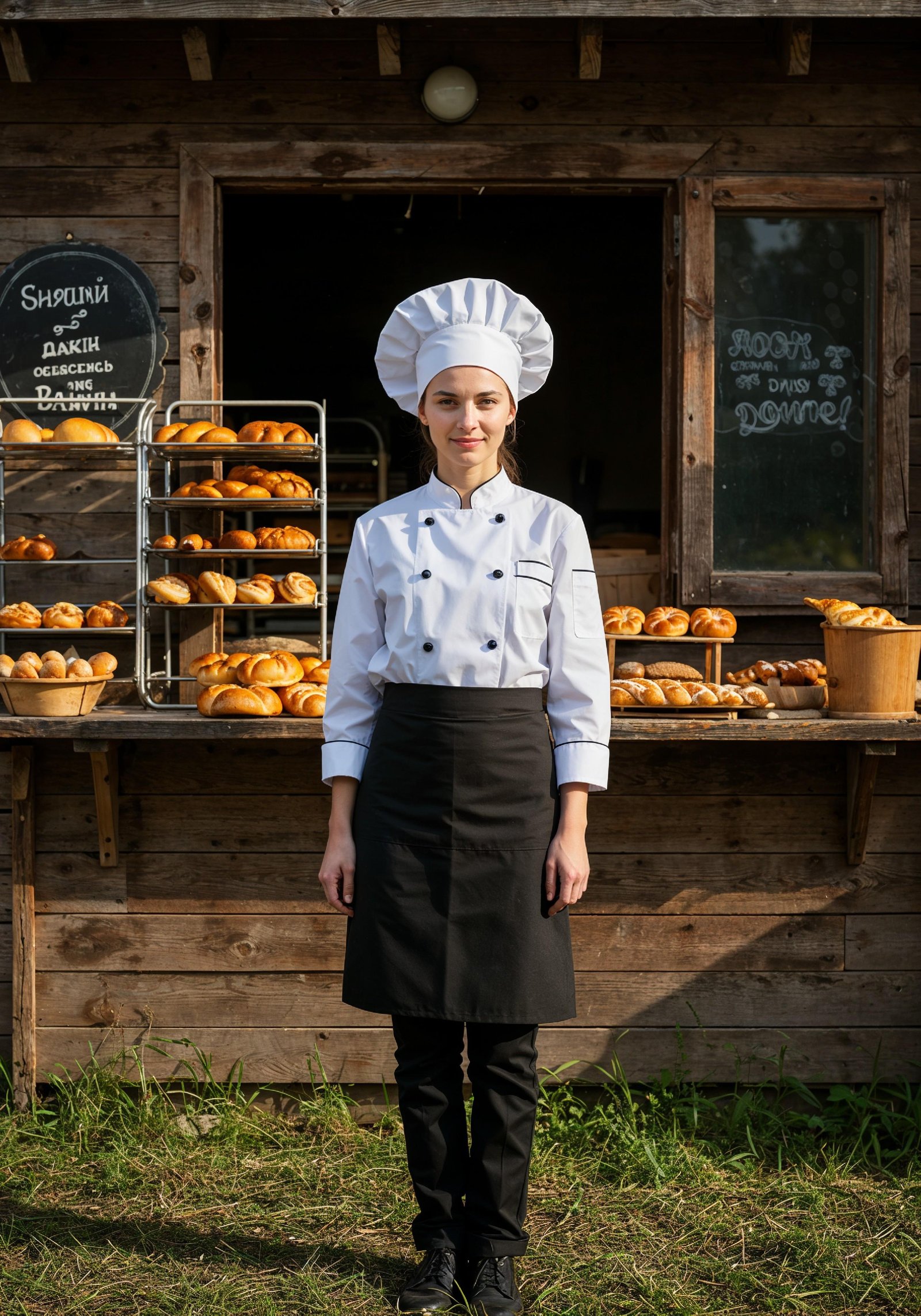 Professional Young Female Chef in Uniform Holding Gourmet Dish in Restaurant Kitchen