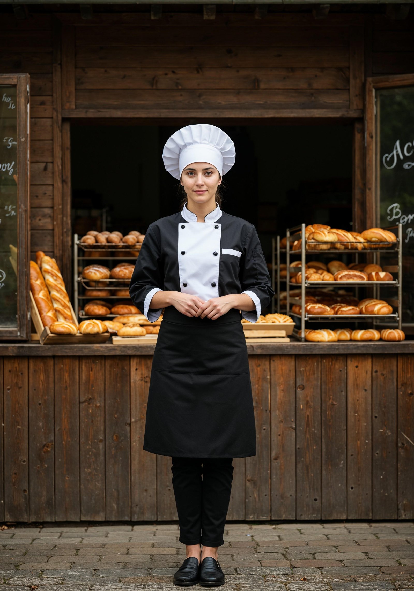 Professional Young Female Chef in Uniform Holding Gourmet Dish in Restaurant Kitchen