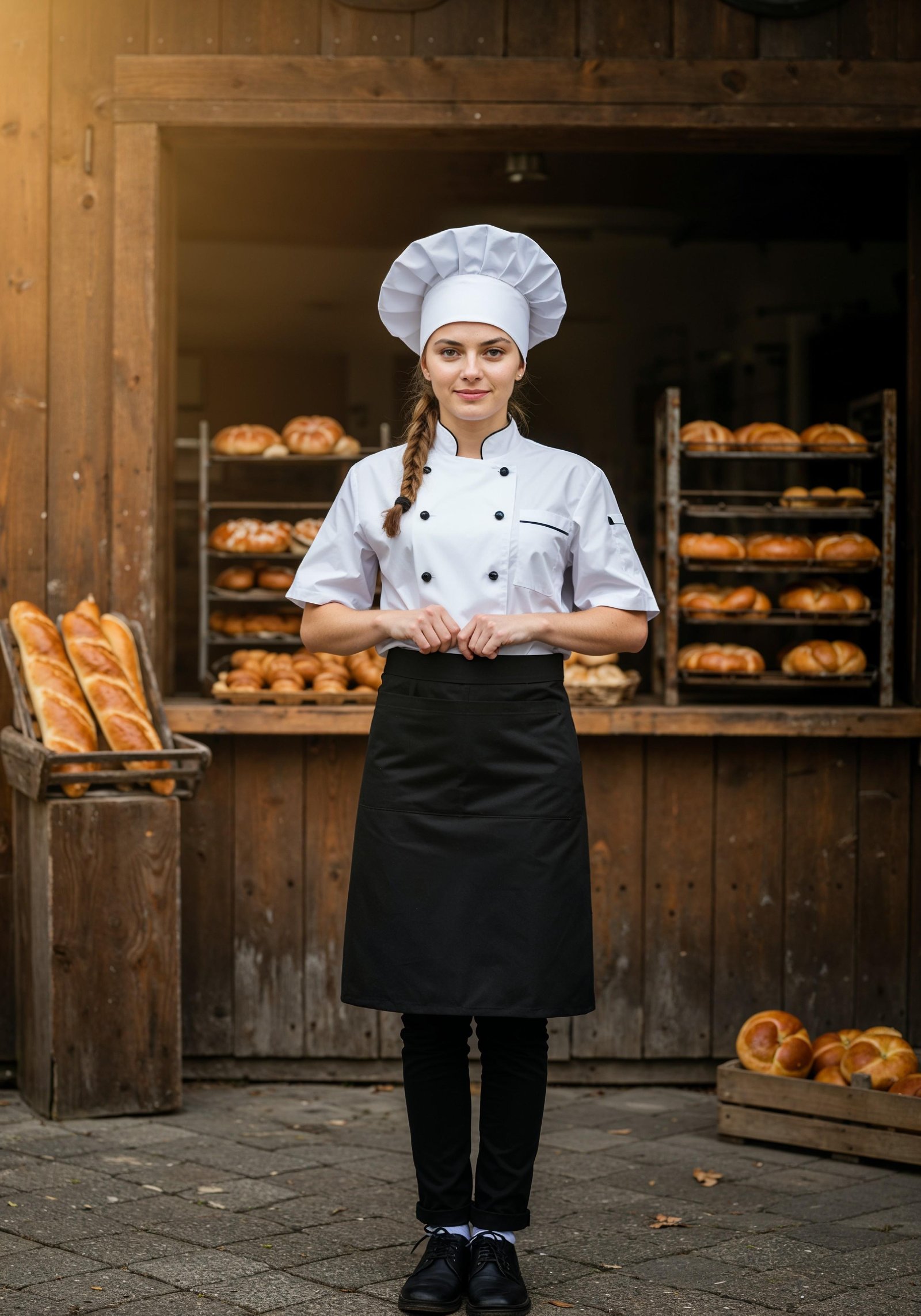 Professional Young Female Chef in Uniform Holding Gourmet Dish in Restaurant Kitchen