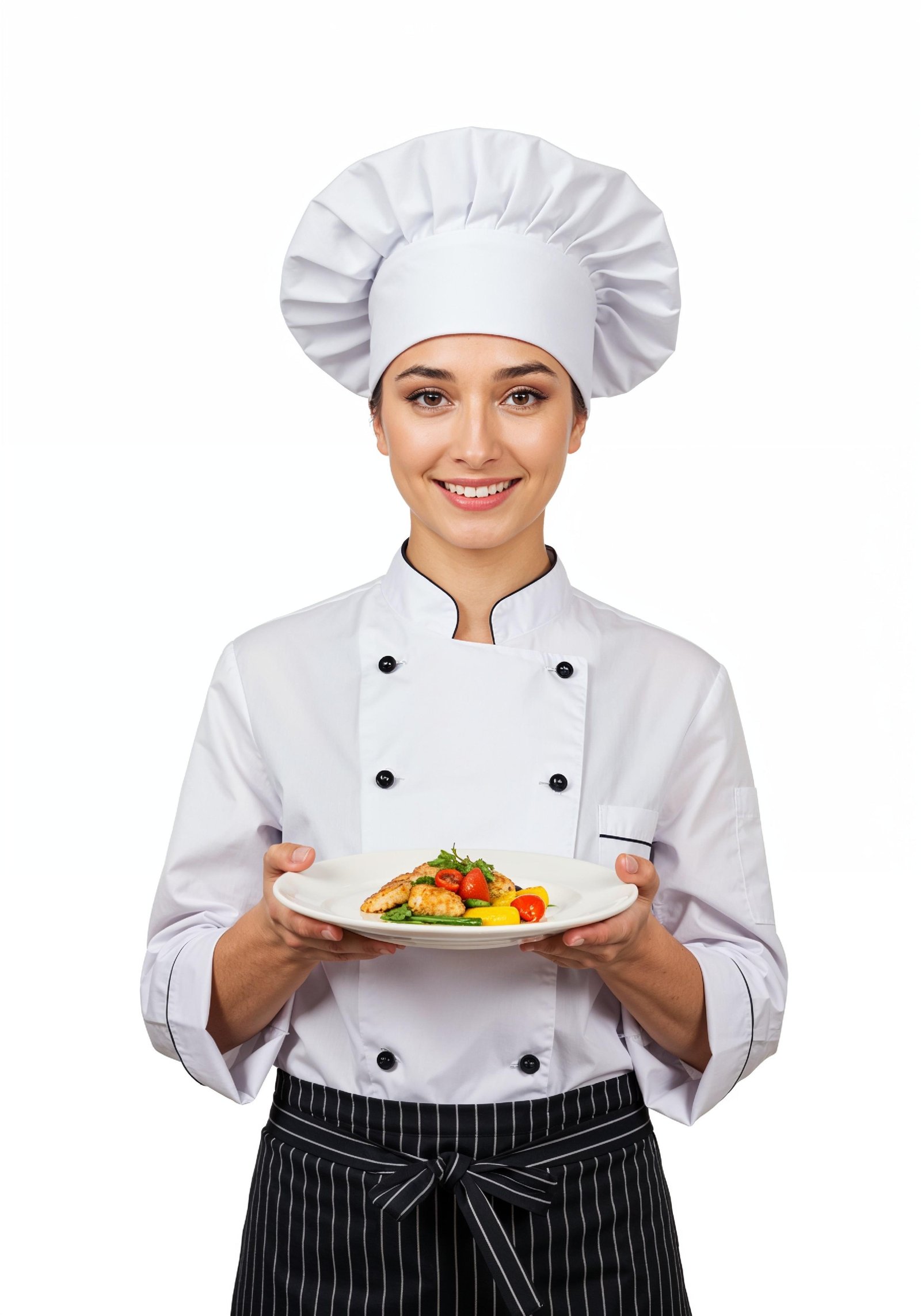 Professional Young Female Chef in Uniform Holding Gourmet Dish in Restaurant Kitchen