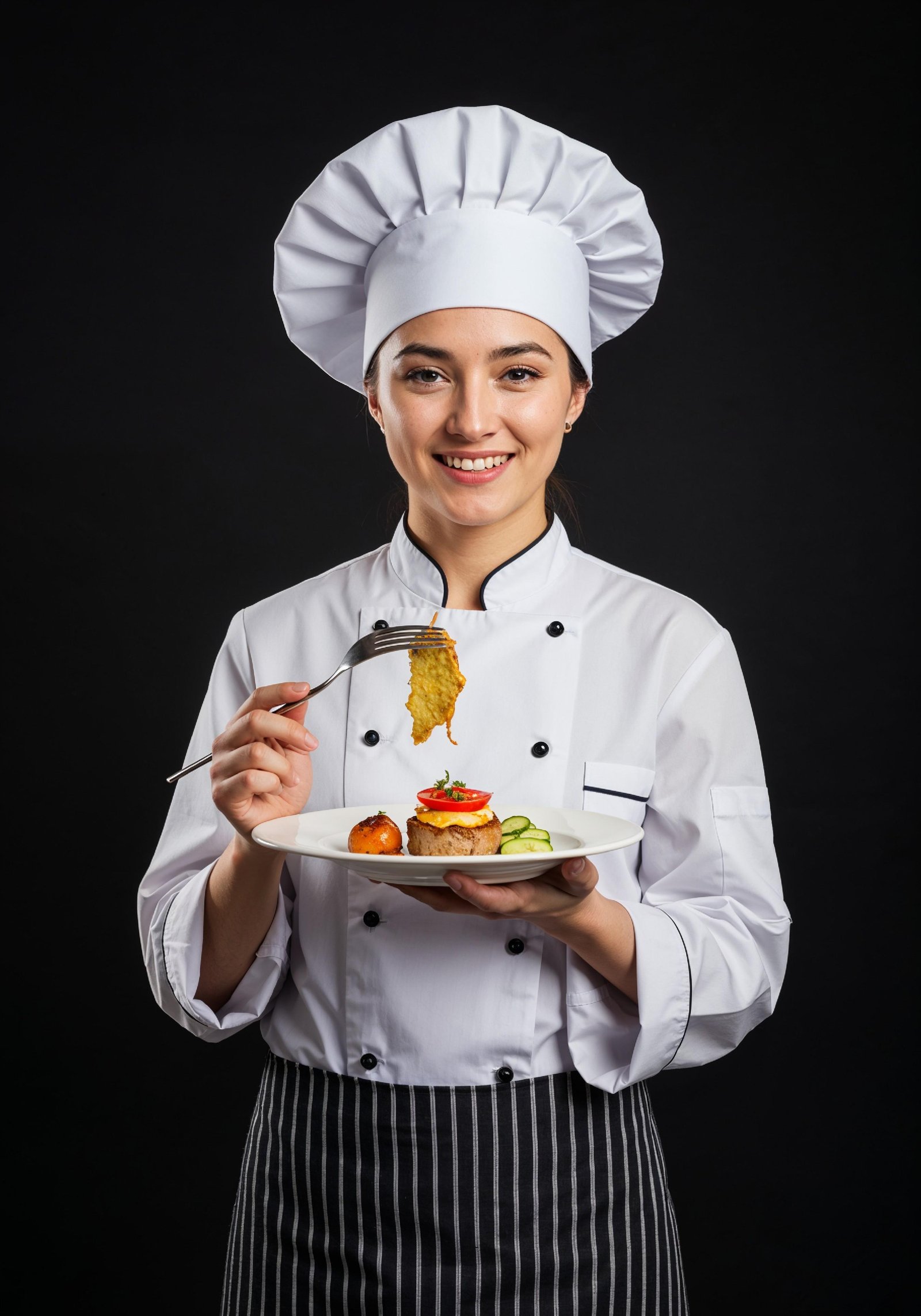 Professional Young Female Chef in Uniform Holding Gourmet Dish in Restaurant Kitchen