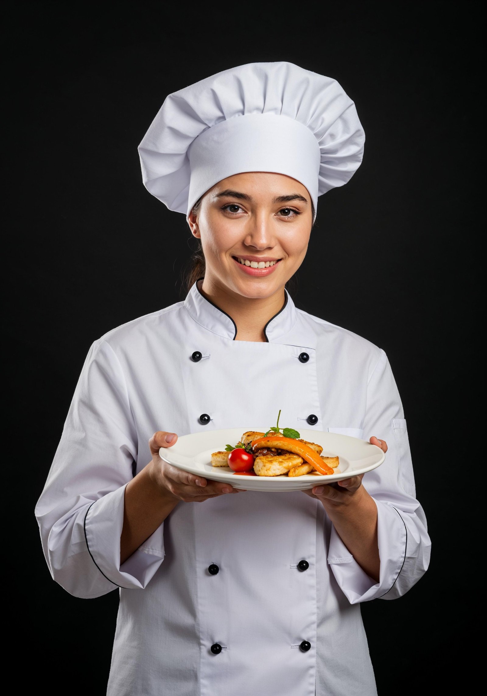 Professional Young Female Chef in Uniform Holding Gourmet Dish in Restaurant Kitchen
