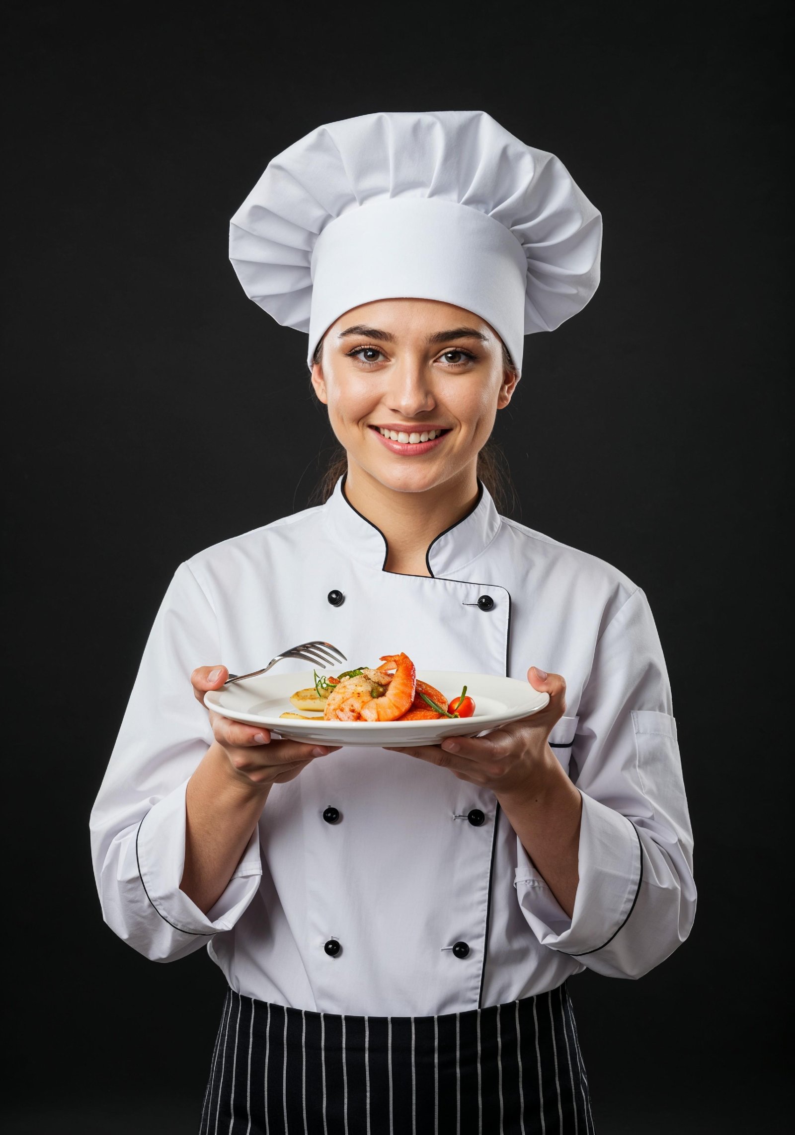 Professional Young Female Chef in Uniform Holding Gourmet Dish in Restaurant Kitchen