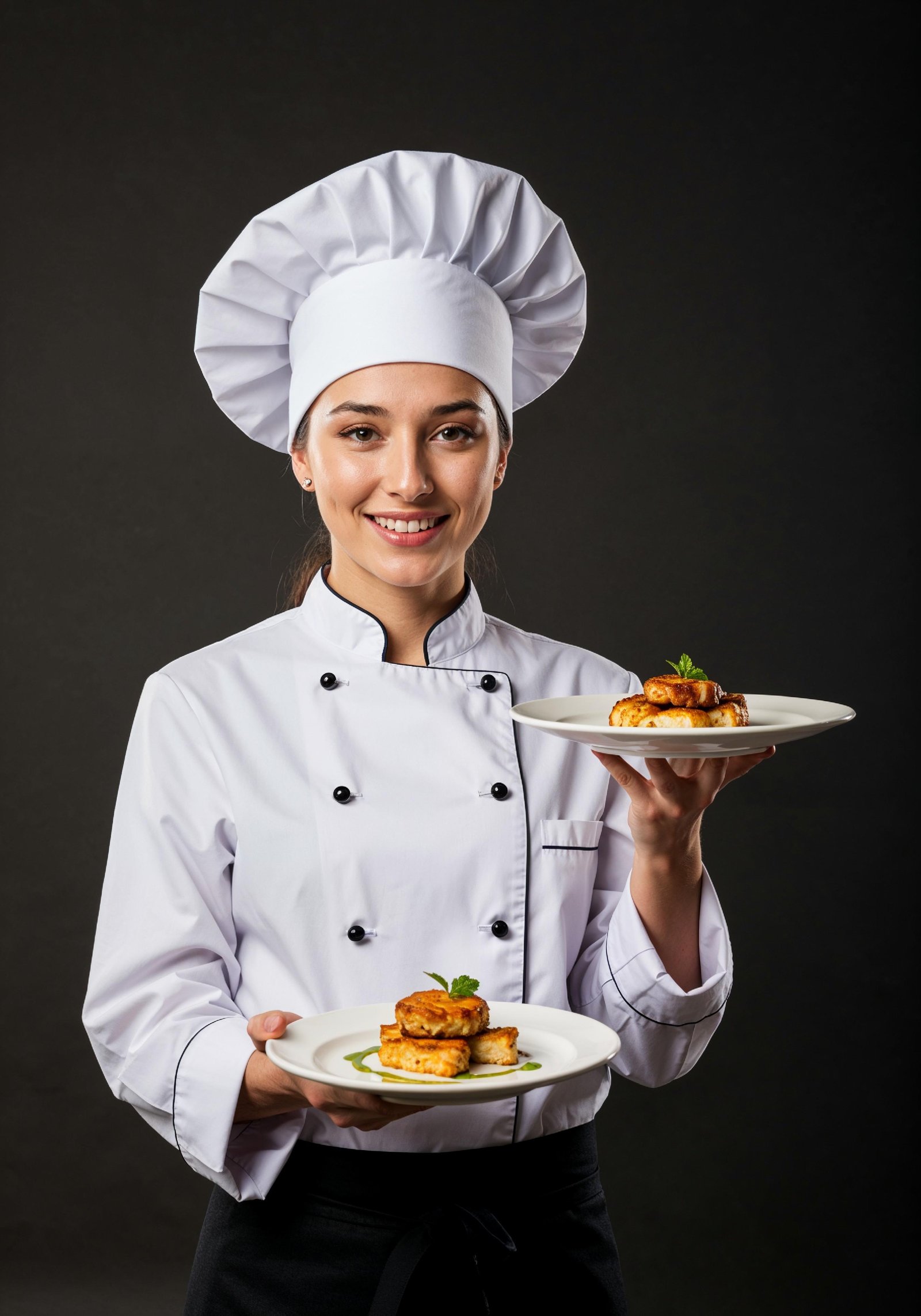 Professional Young Female Chef in Uniform Holding Gourmet Dish in Restaurant Kitchen