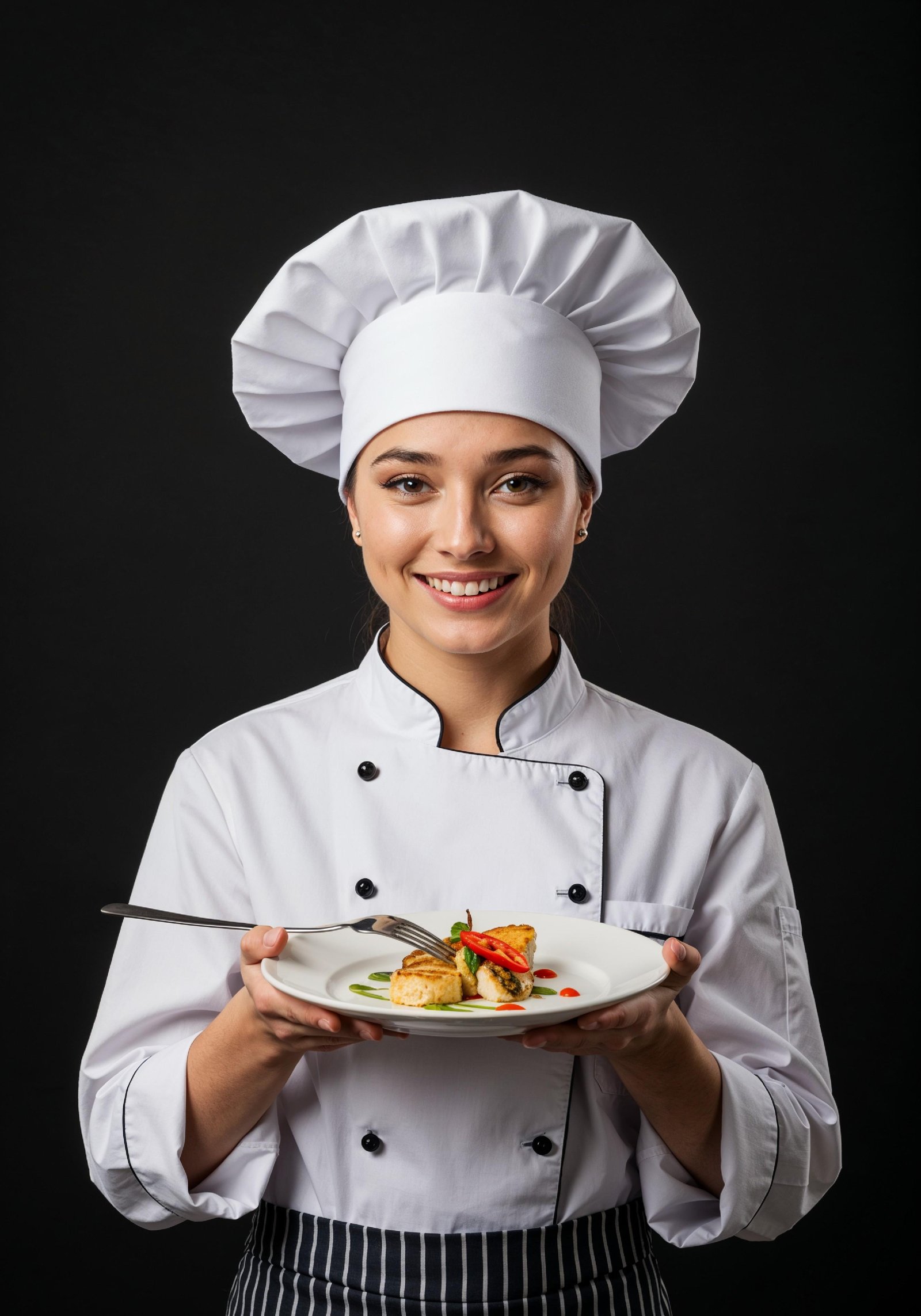 Professional Young Female Chef in Uniform Holding Gourmet Dish in Restaurant Kitchen