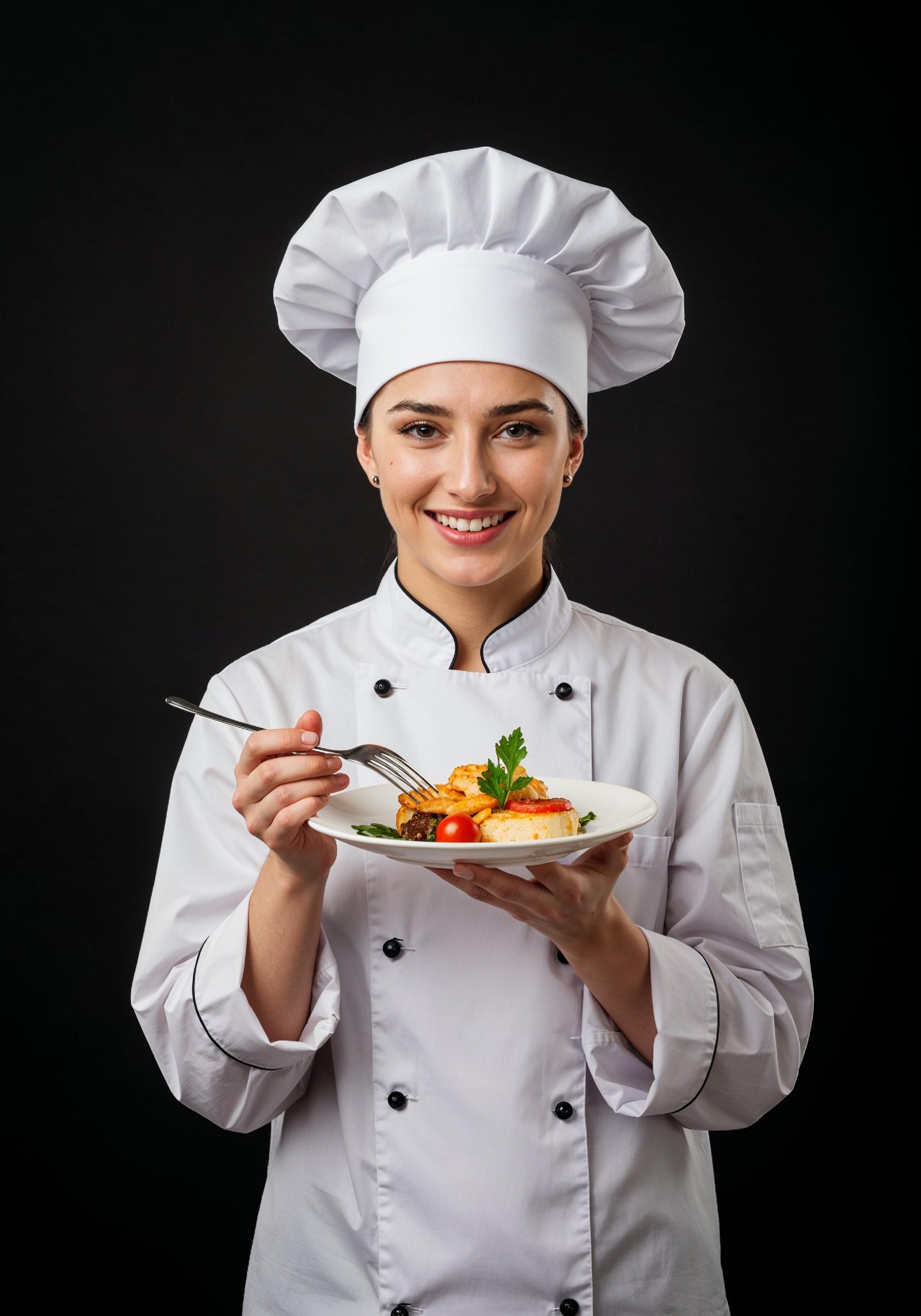 Professional Young Female Chef in Uniform Holding Gourmet Dish in Restaurant Kitchen