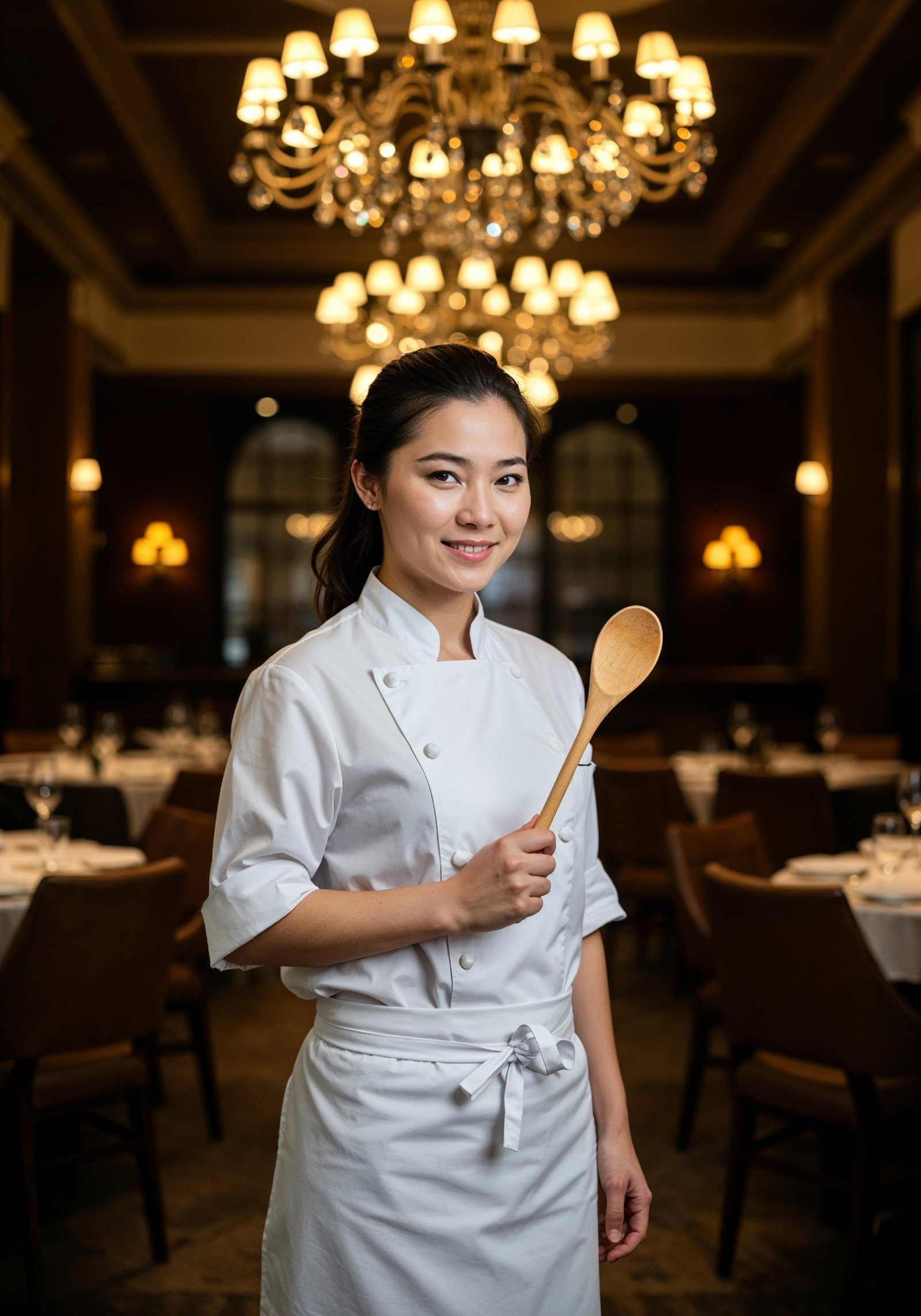 Professional Young Female Chef in Uniform Holding Gourmet Dish in Restaurant Kitchen
