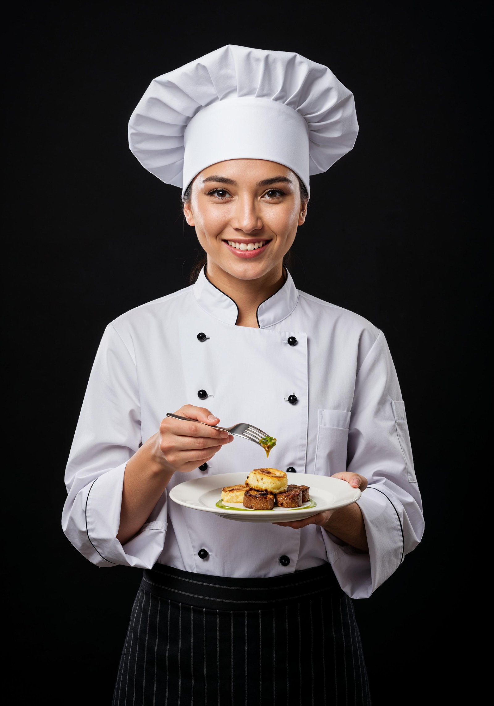 Professional Young Female Chef in Uniform Holding Gourmet Dish in Restaurant Kitchen