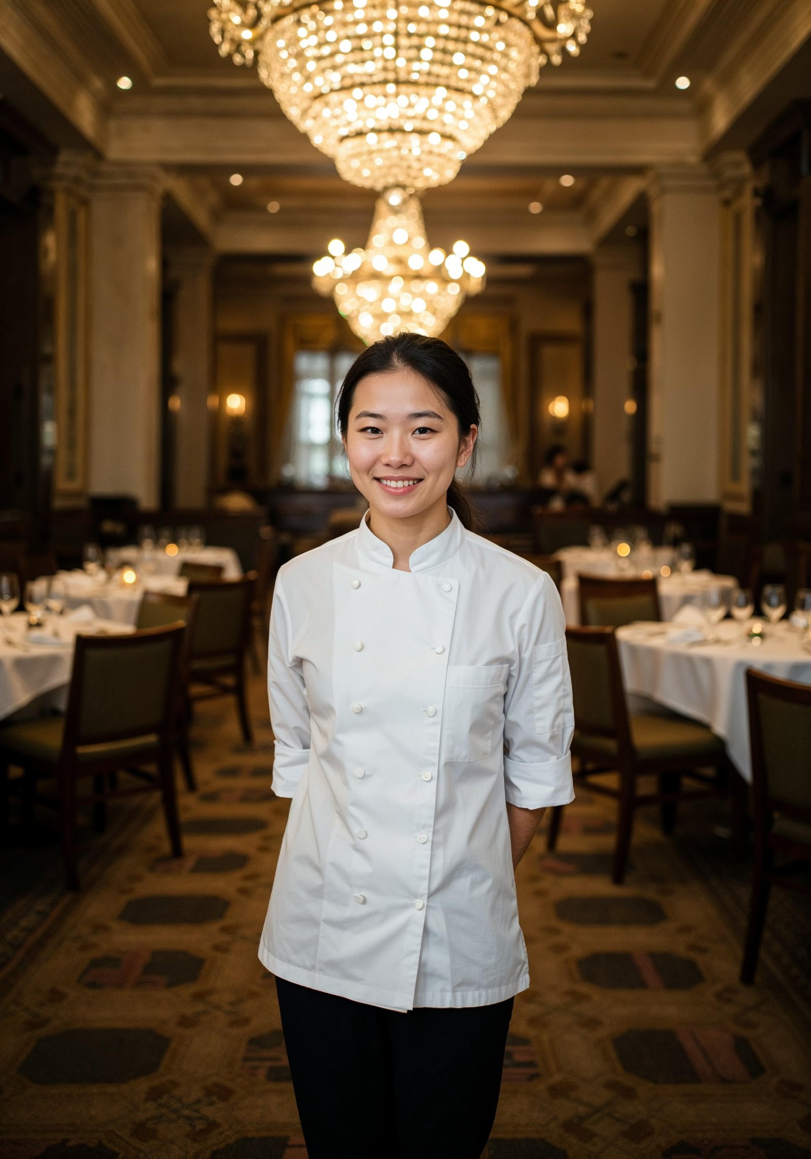 Professional Young Female Chef in Uniform Holding Gourmet Dish in Restaurant Kitchen