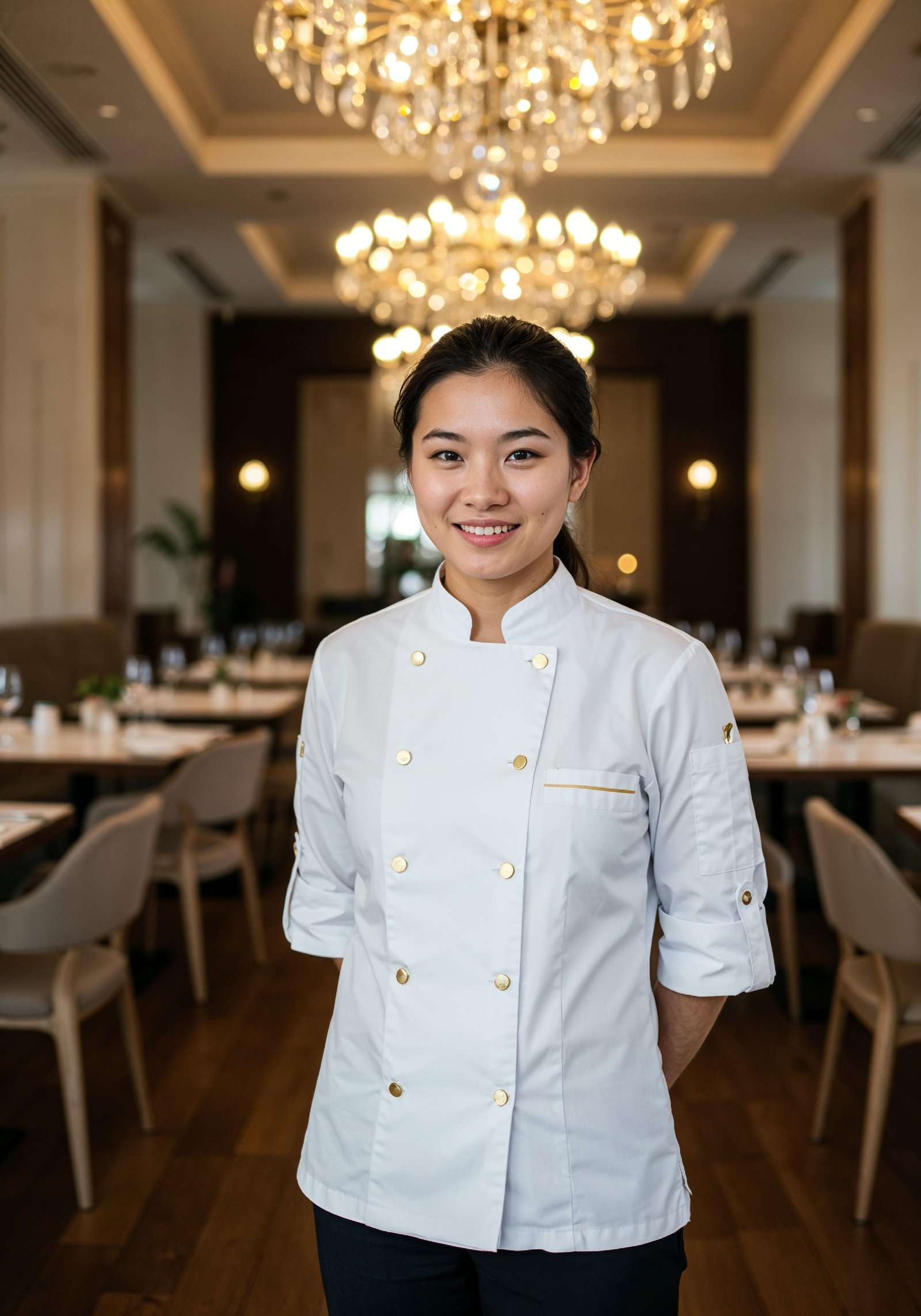 Professional Young Female Chef in Uniform Holding Gourmet Dish in Restaurant Kitchen