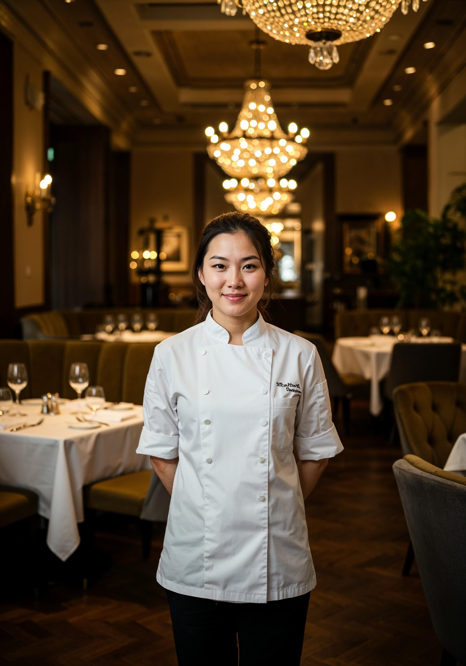 Professional Young Female Chef in Uniform Holding Gourmet Dish in Restaurant Kitchen