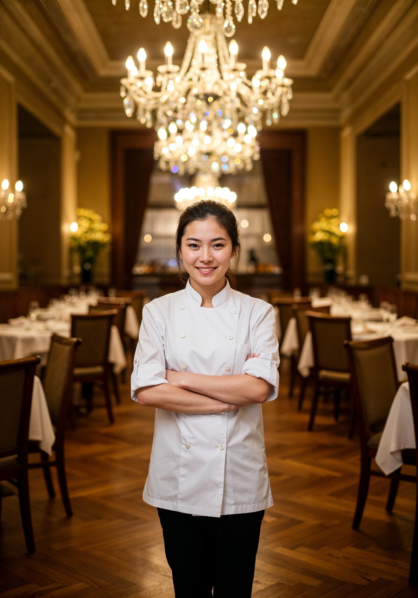 Professional Young Female Chef in Uniform Holding Gourmet Dish in Restaurant Kitchen