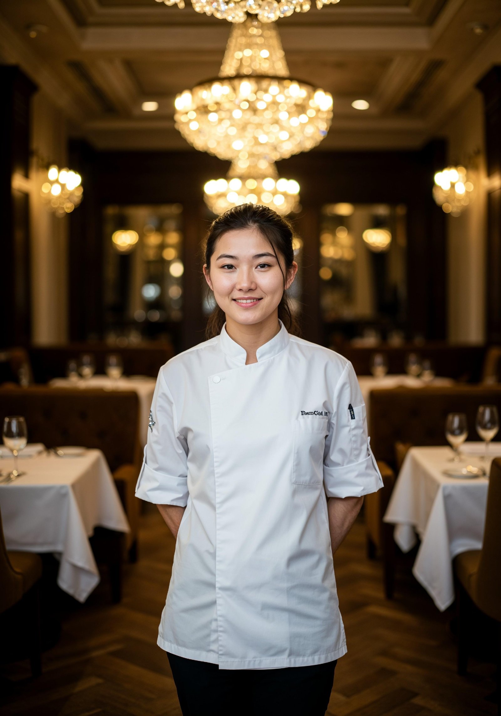 Professional Young Female Chef in Uniform Holding Gourmet Dish in Restaurant Kitchen