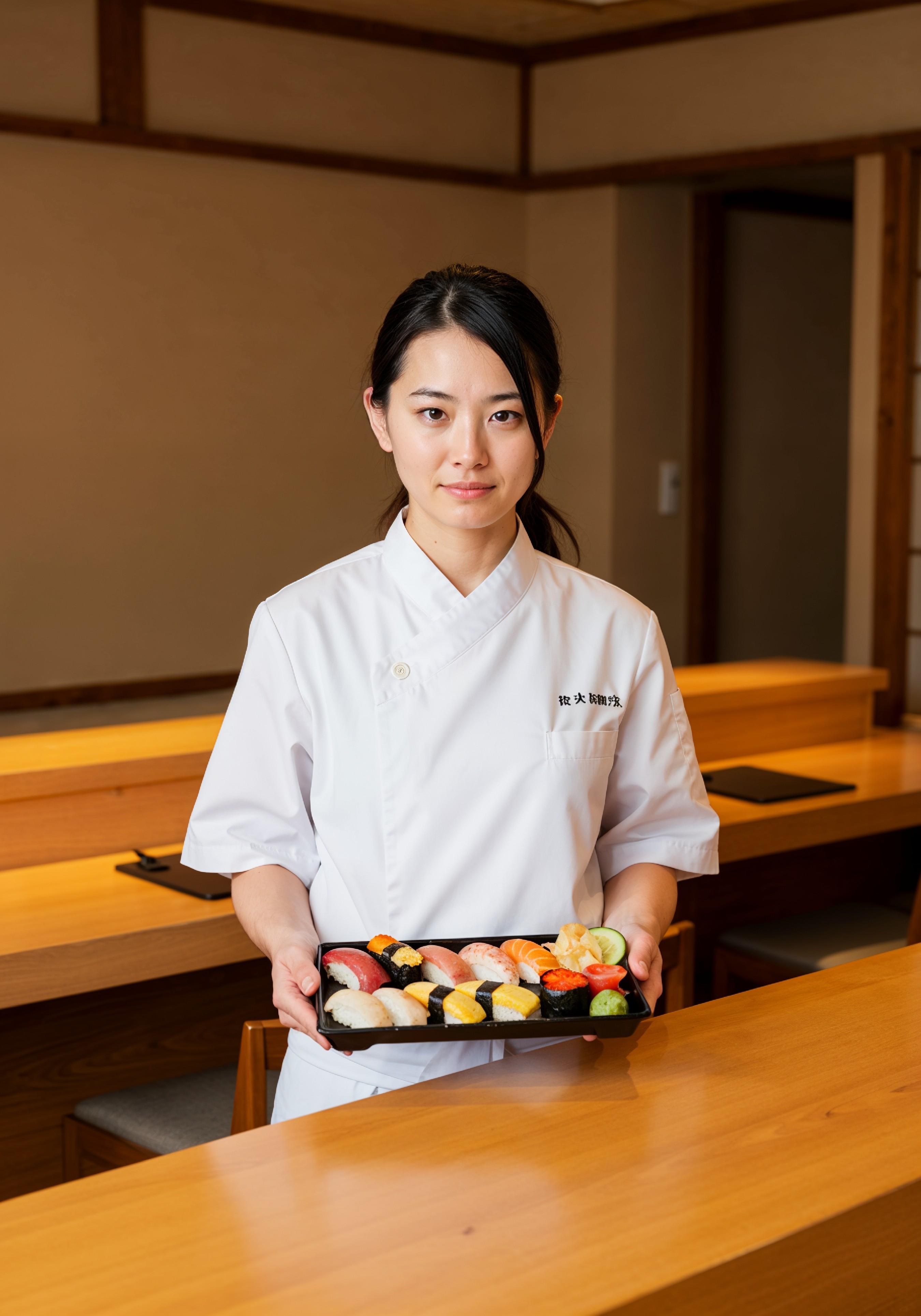 Professional Young Female Chef in Uniform Holding Gourmet Dish in Restaurant Kitchen