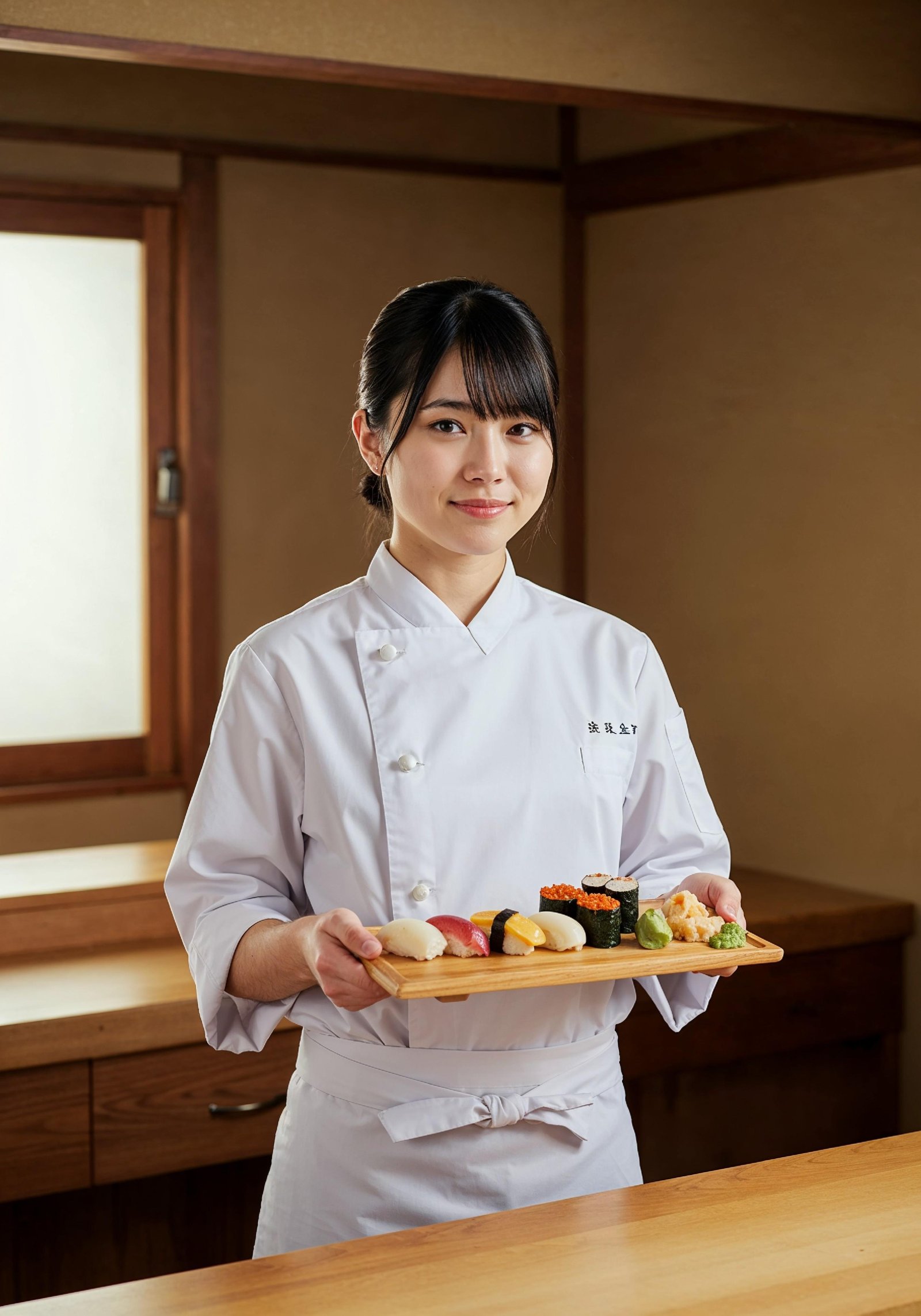Professional Young Female Chef in Uniform Holding Gourmet Dish in Restaurant Kitchen