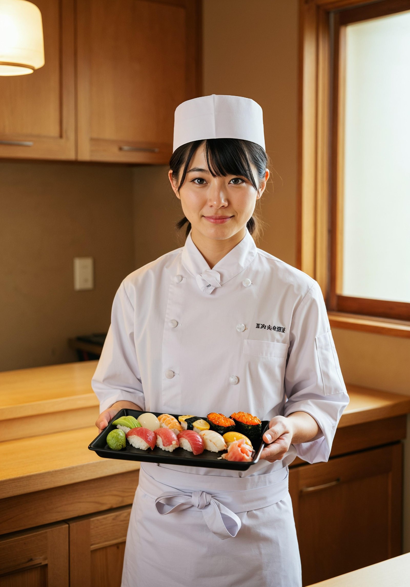 Professional Young Female Chef in Uniform Holding Gourmet Dish in Restaurant Kitchen