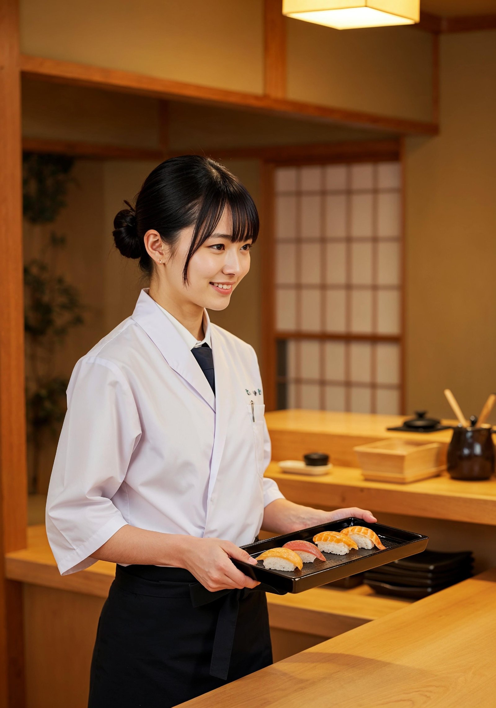 Professional Young Female Chef in Uniform Holding Gourmet Dish in Restaurant Kitchen