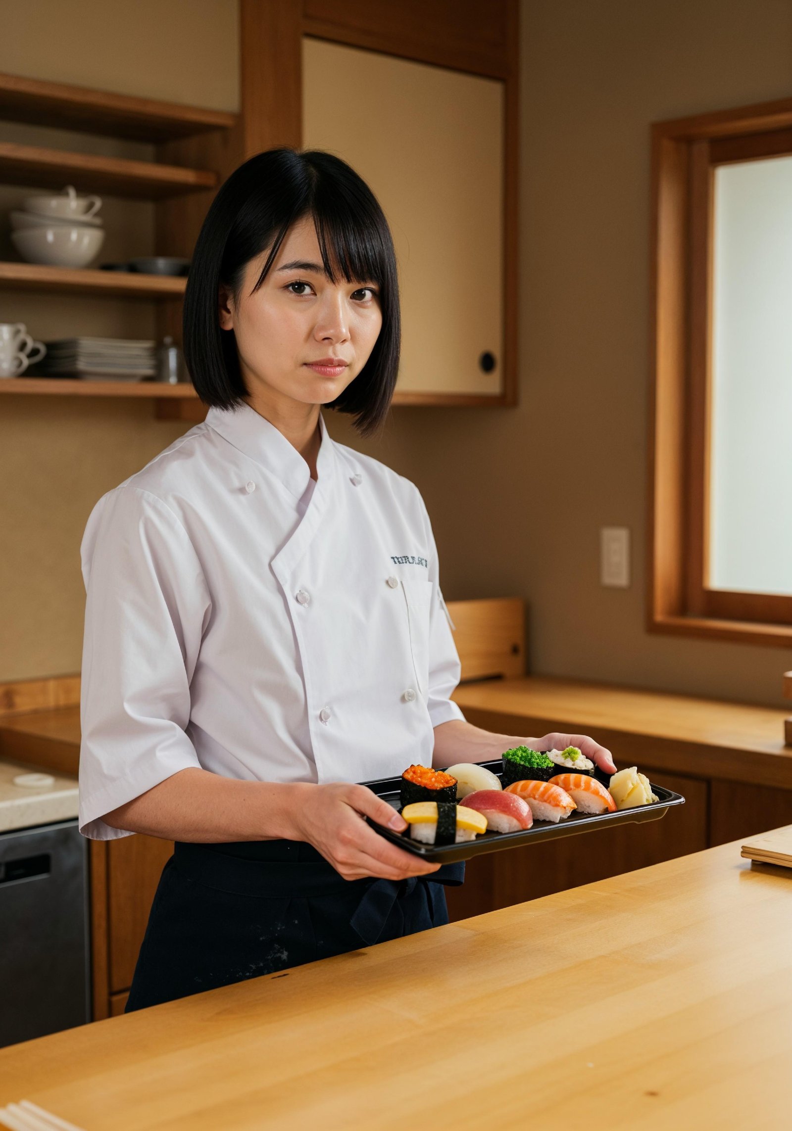 Professional Young Female Chef in Uniform Holding Gourmet Dish in Restaurant Kitchen