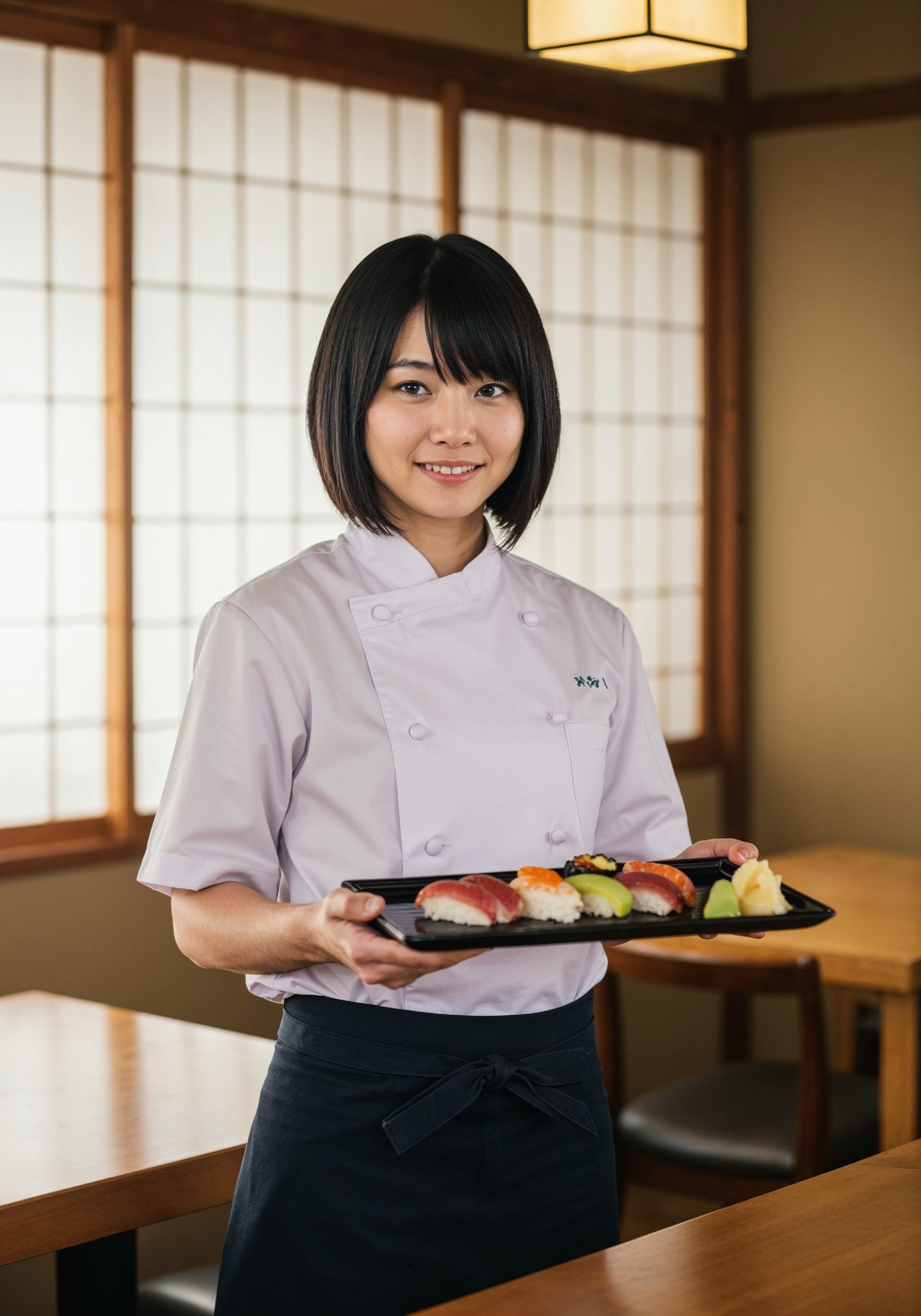 Professional Young Female Chef in Uniform Holding Gourmet Dish in Restaurant Kitchen