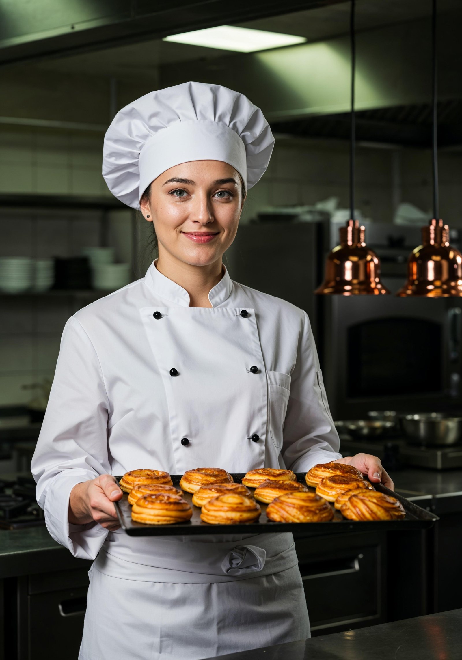 Professional Young Female Chef in Uniform Holding Gourmet Dish in Restaurant Kitchen