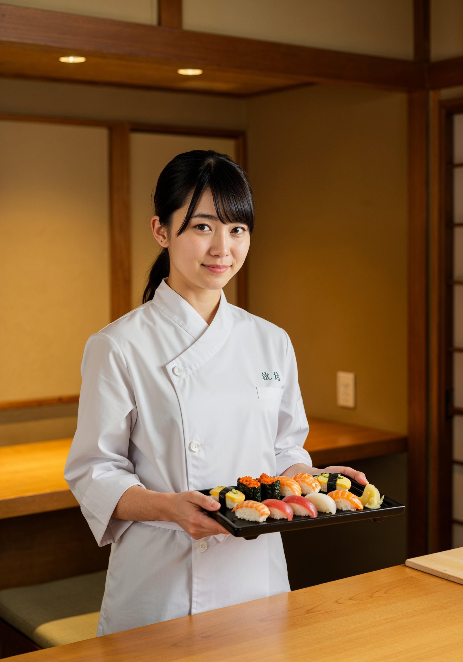 Professional Young Female Chef in Uniform Holding Gourmet Dish in Restaurant Kitchen