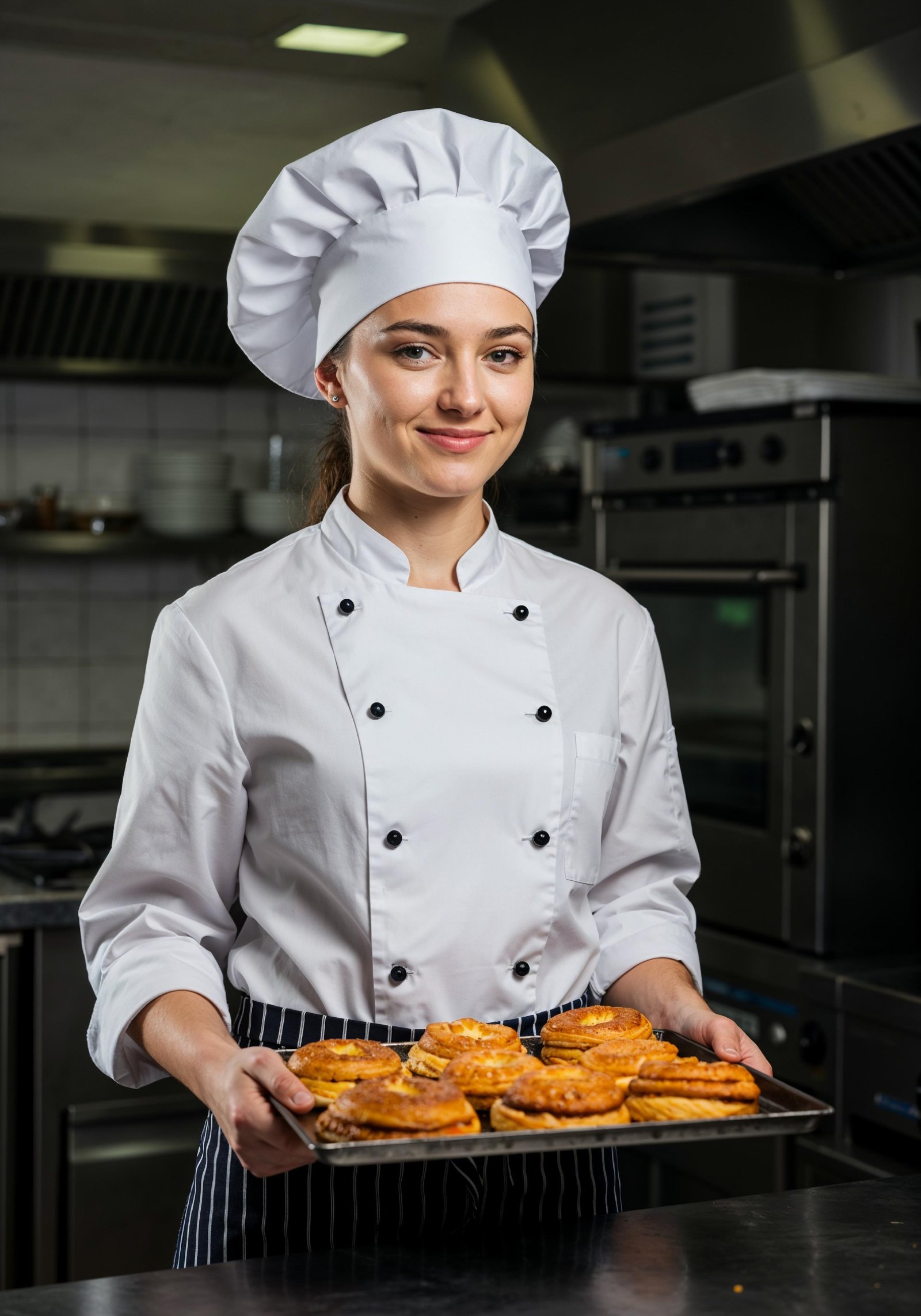 Professional Young Female Chef in Uniform Holding Gourmet Dish in Restaurant Kitchen