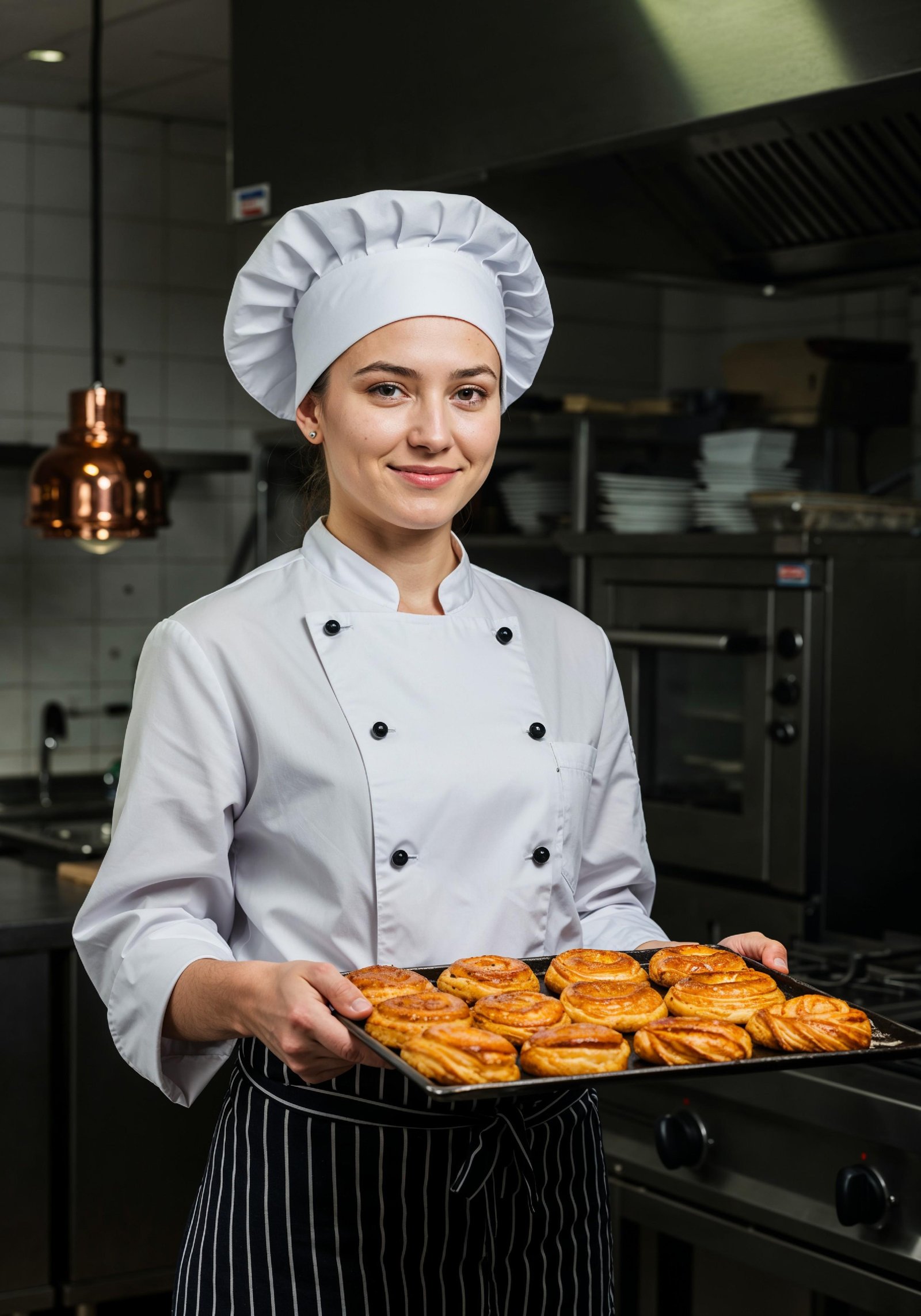 Professional Young Female Chef in Uniform Holding Gourmet Dish in Restaurant Kitchen